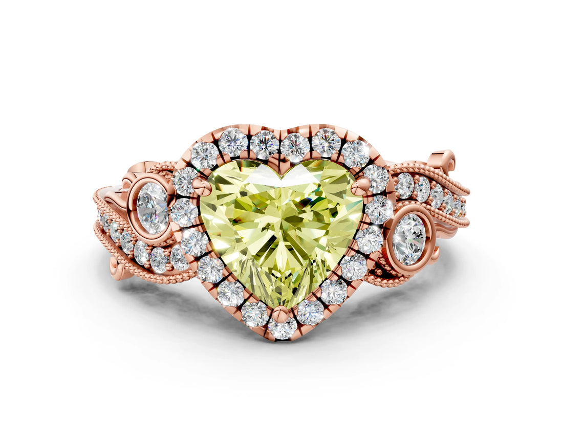 Rose gold Fancy Yellow Heart Cut Halo Diamond Ring with Milgrain and Bezel Accents on a Split Shank Band_24