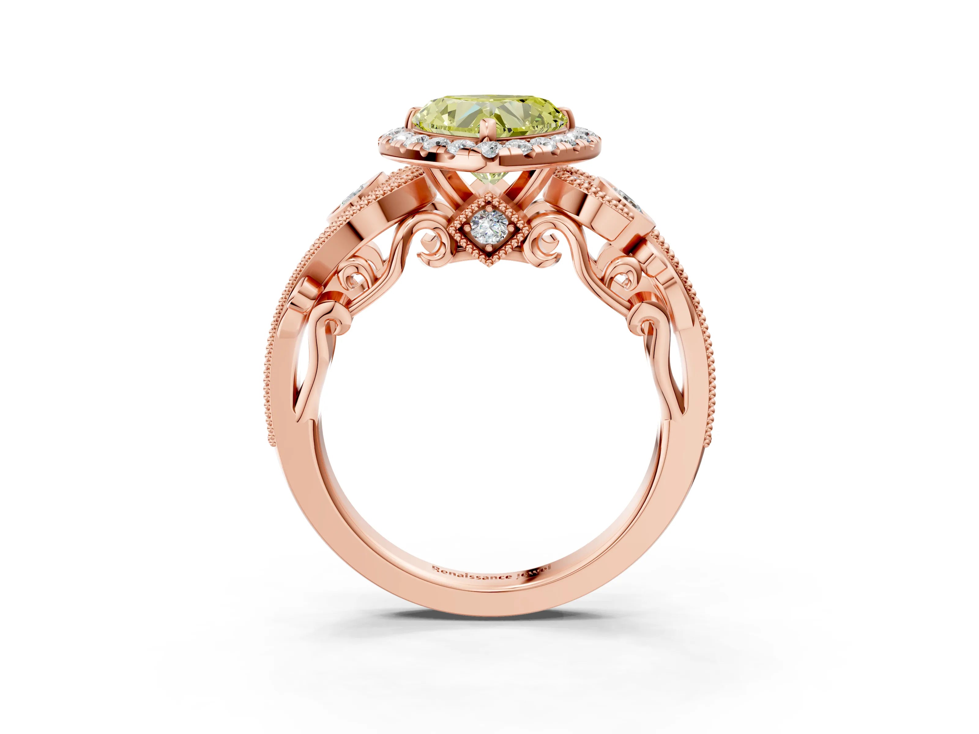 Rose gold Fancy Yellow Heart Cut Halo Diamond Ring with Milgrain and Bezel Accents on a Split Shank Band_3