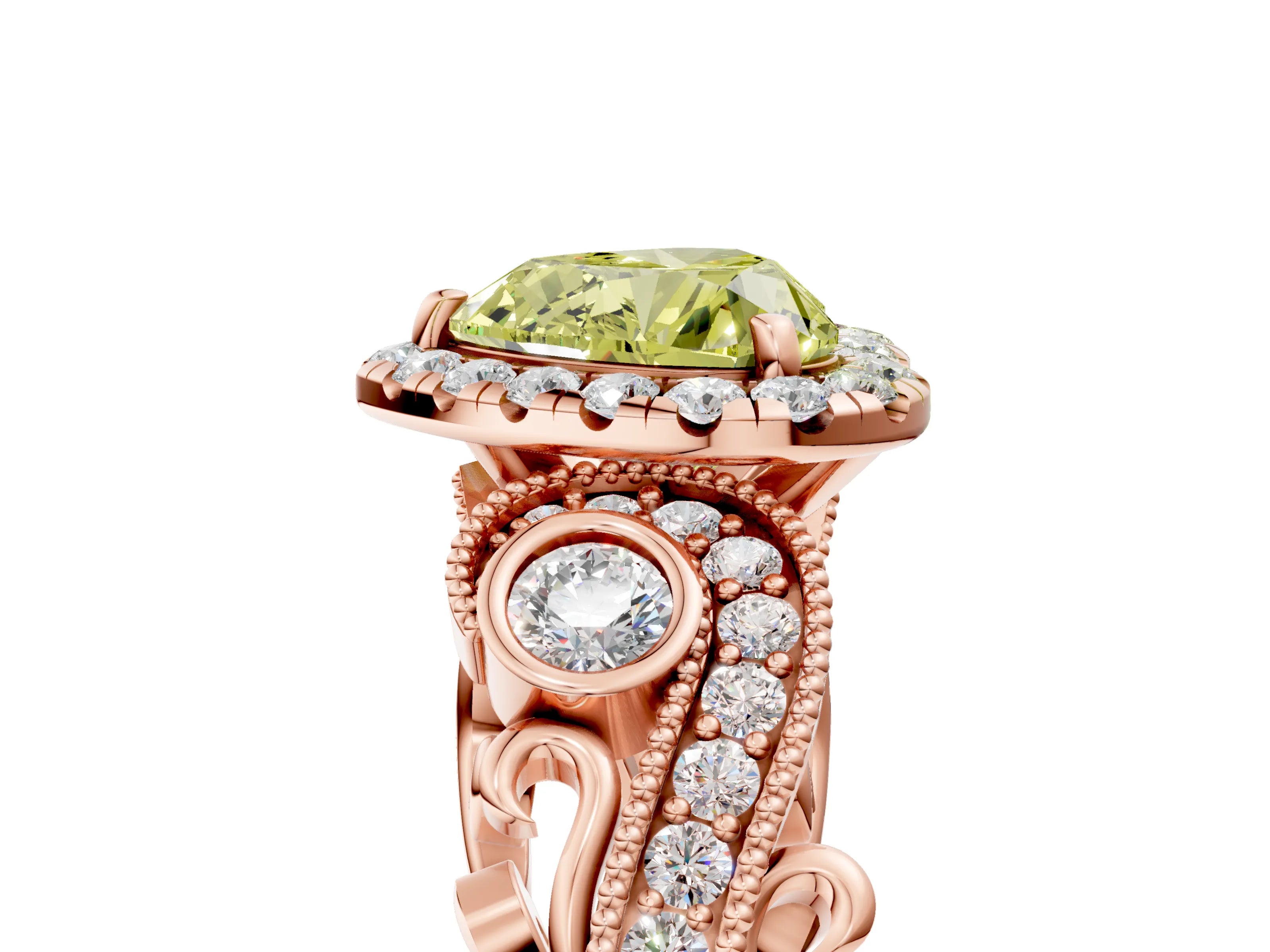 Rose gold Fancy Yellow Heart Cut Halo Diamond Ring with Milgrain and Bezel Accents on a Split Shank Band_5