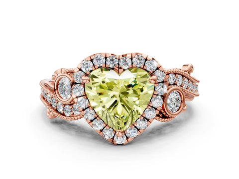 Rose gold Fancy Yellow Heart Cut Halo Diamond Ring with Milgrain and Bezel Accents on a Split Shank Band