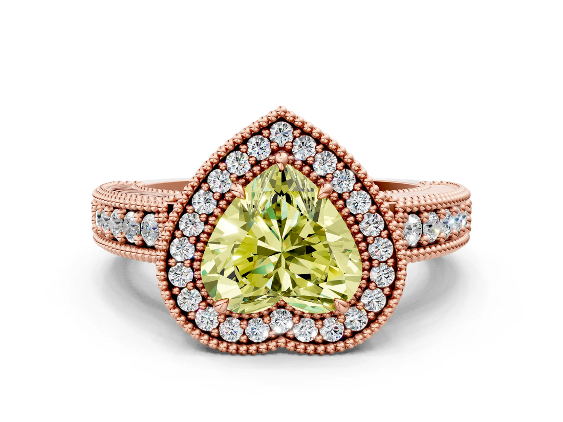 Rose gold Fancy Yellow Heart  Cut Halo Diamond Ring with Pavé Band and Four-Prong Setting_45