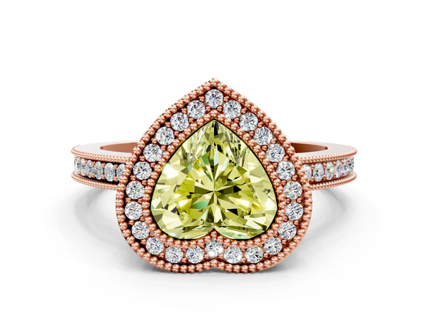 Rose gold Fancy Yellow Heart  Cut Halo Diamond Ring with Pavé Band and Milgrain Prong Setting