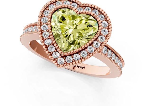 Rose gold Fancy Yellow Heart  Cut Halo Diamond Ring with Pavé Band and Milgrain Prong Setting