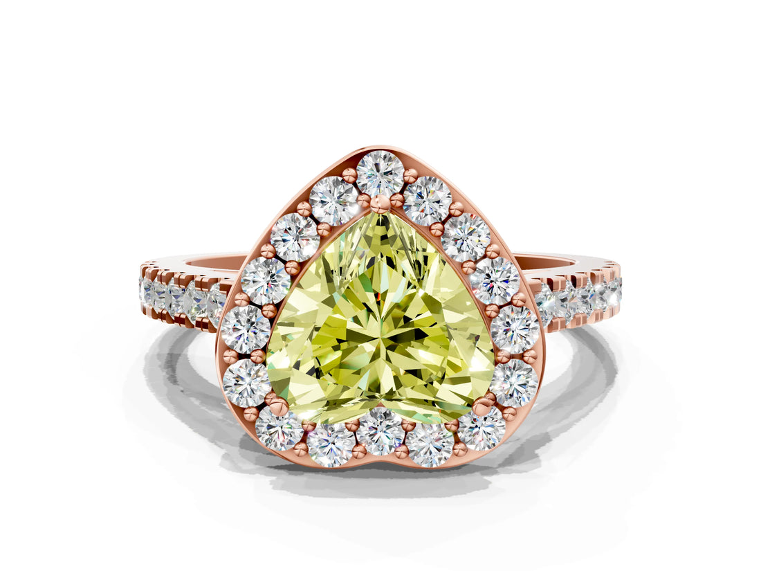 Rose gold Fancy Yellow Heart Cut Halo Diamond Ring with Pavé Band and Three-Prong Setting