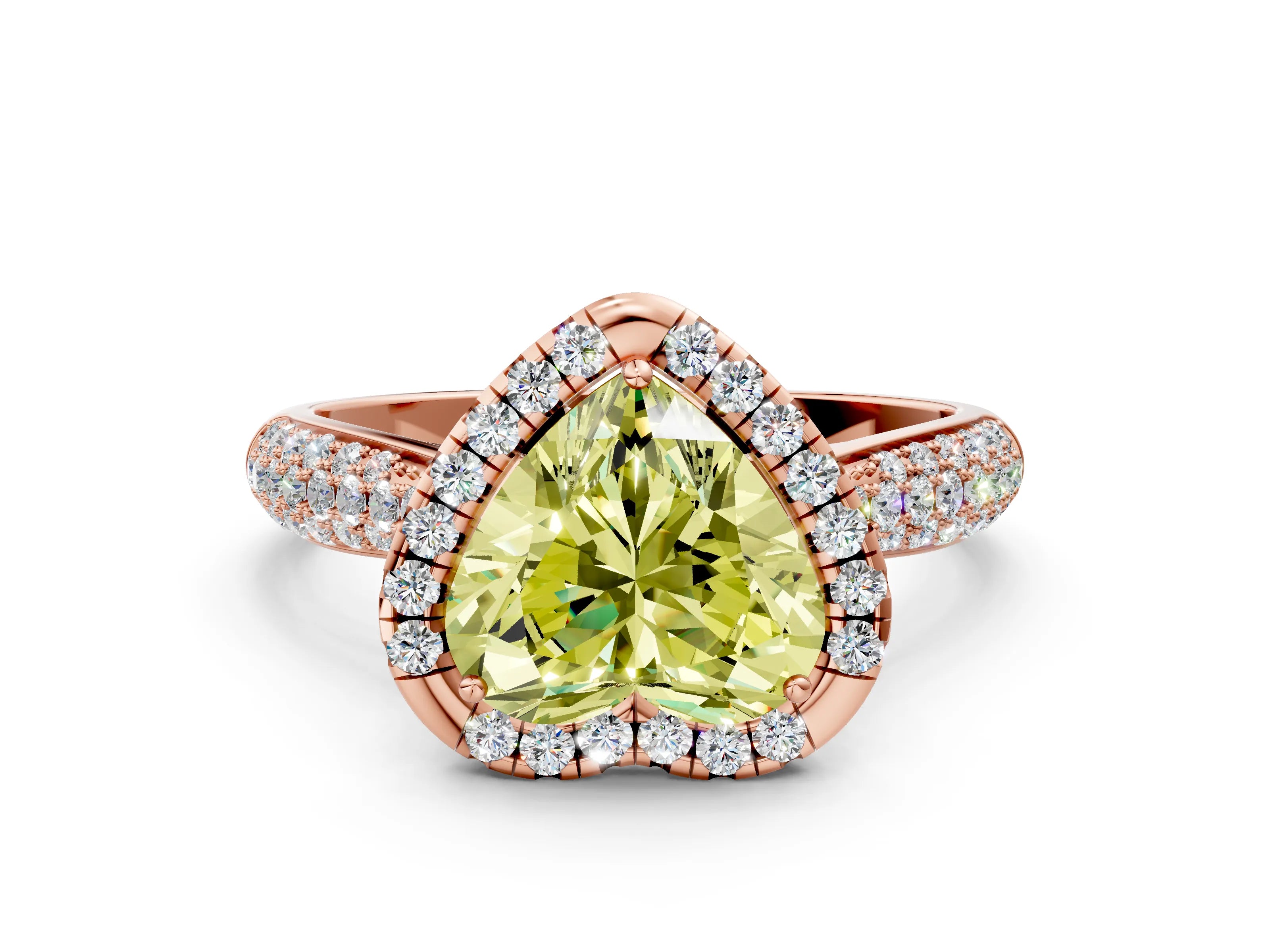 Rose gold Fancy Yellow Heart Cut Halo Diamond Ring with Pavé Band
