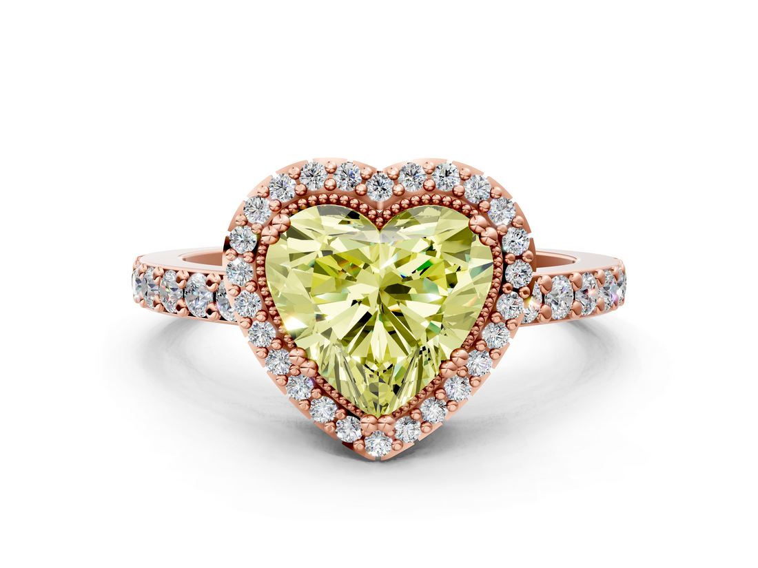 Rose gold Fancy Yellow Heart  Cut Halo Diamond Ring with Pave Band and Four-Prong Setting_22