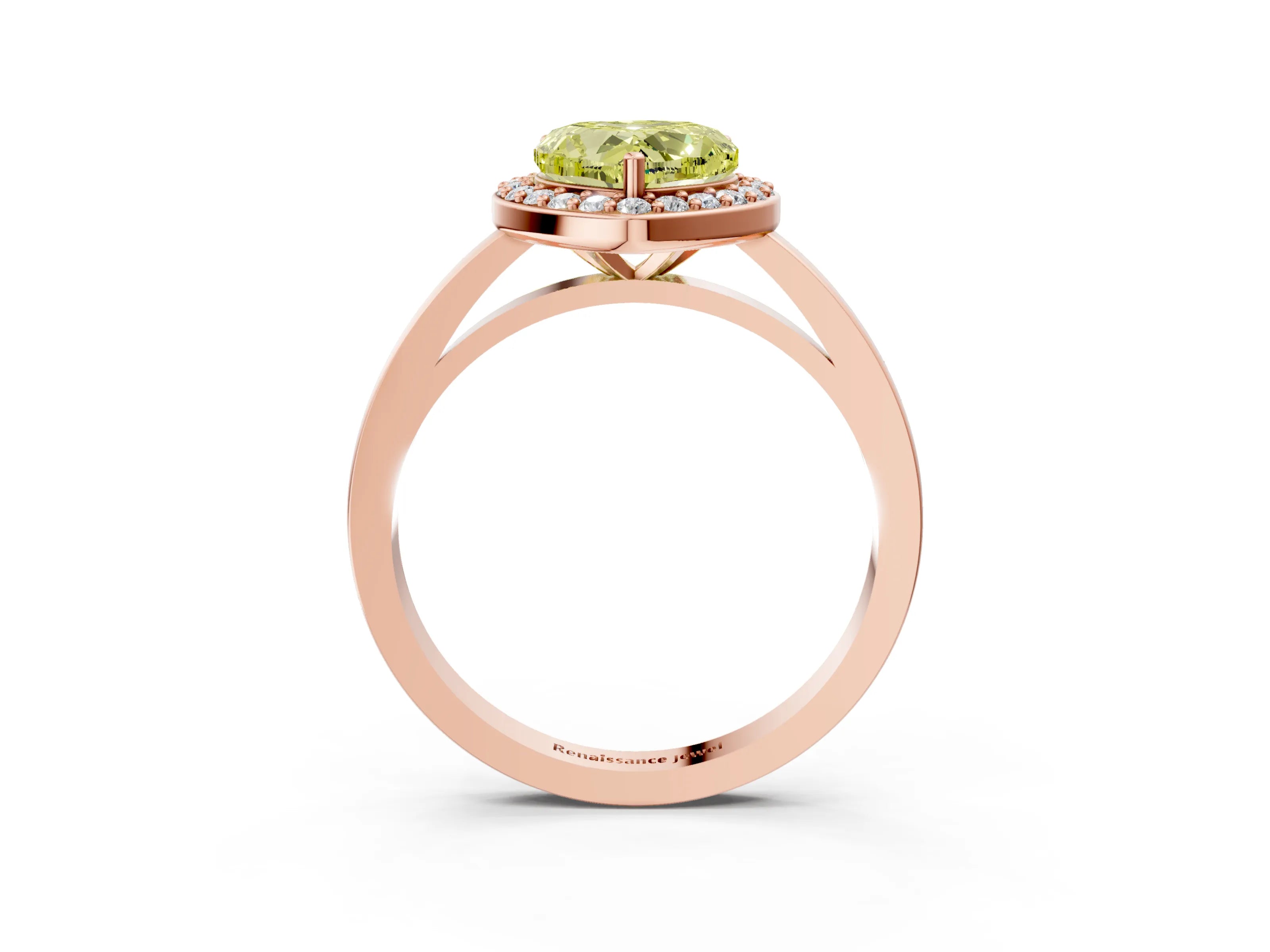Rose gold Fancy Yellow Heart Cut Halo Diamond Ring with Solitaire Band and Prong Setting_3