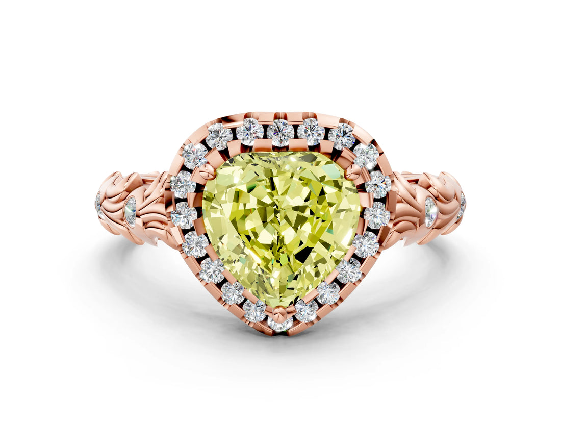 Rose gold Fancy Yellow Heart Cut Halo Diamond Solitaire with Filigree Band and Four-Prong Setting