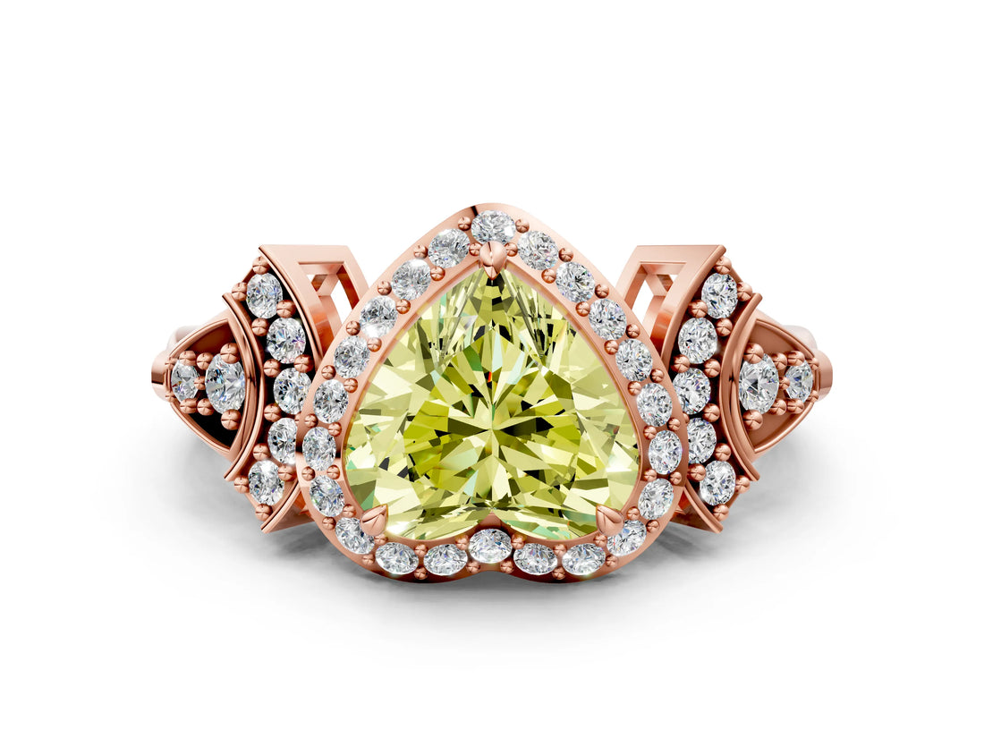 Rose gold Fancy Yellow Heart Cut Halo Diamond Split Shank Engagement Ring with Four-Prong Setting