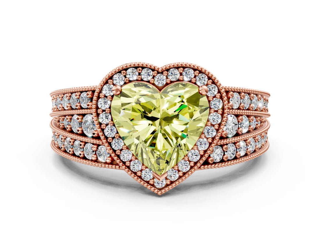 Rose gold Fancy Yellow Heart Cut Halo Diamond Split Shank Ring with Prong Setting_12