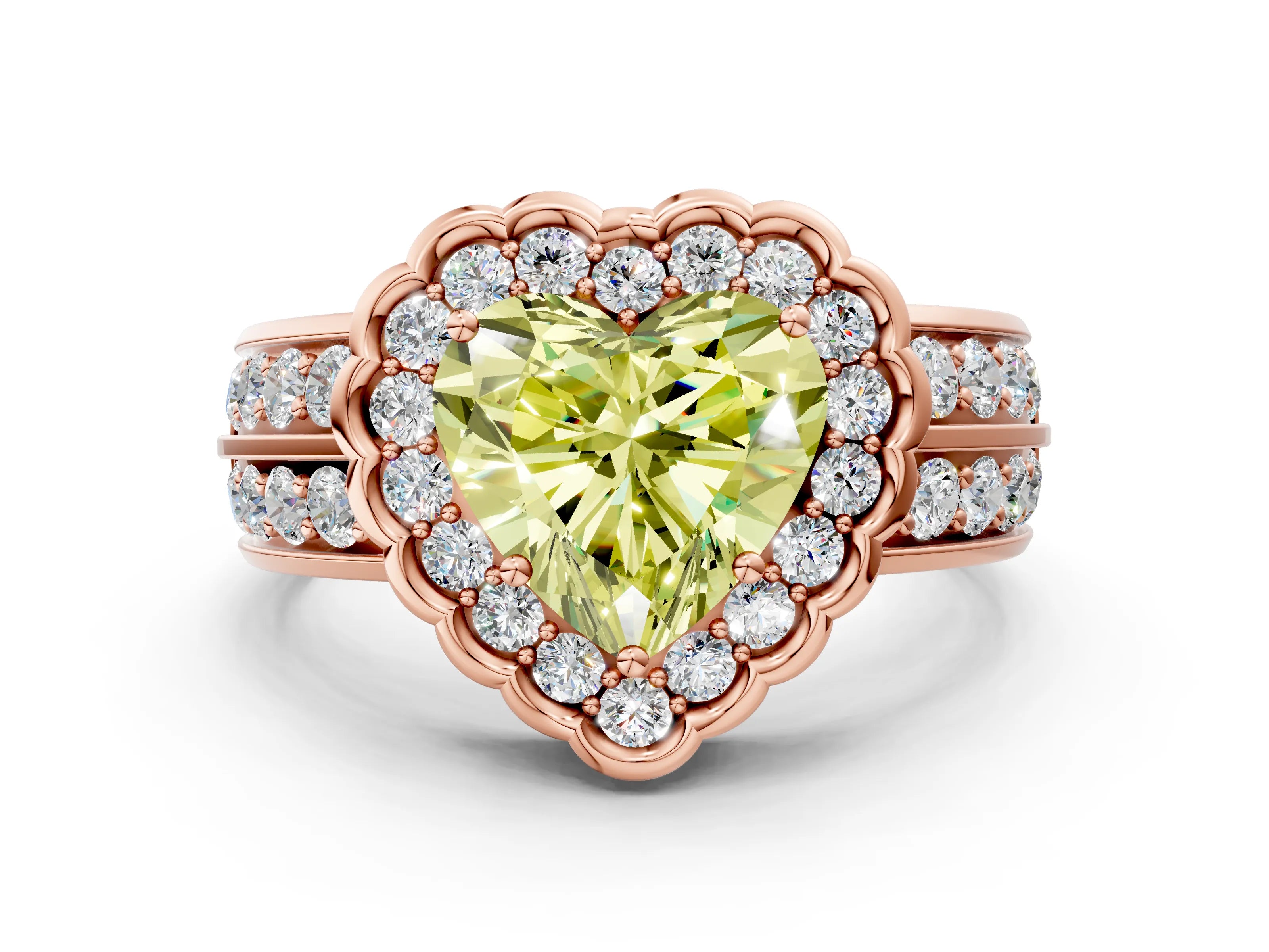 Rose gold Fancy Yellow Heart Cut Halo Diamond Split Shank Ring with Scalloped Prong Setting