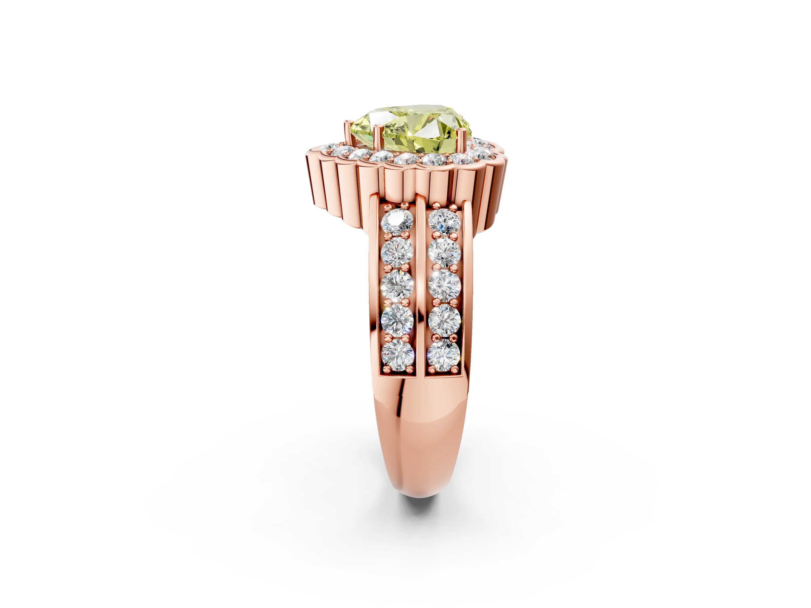 Rose gold Fancy Yellow Heart Cut Halo Diamond Split Shank Ring with Scalloped Prong Setting_2