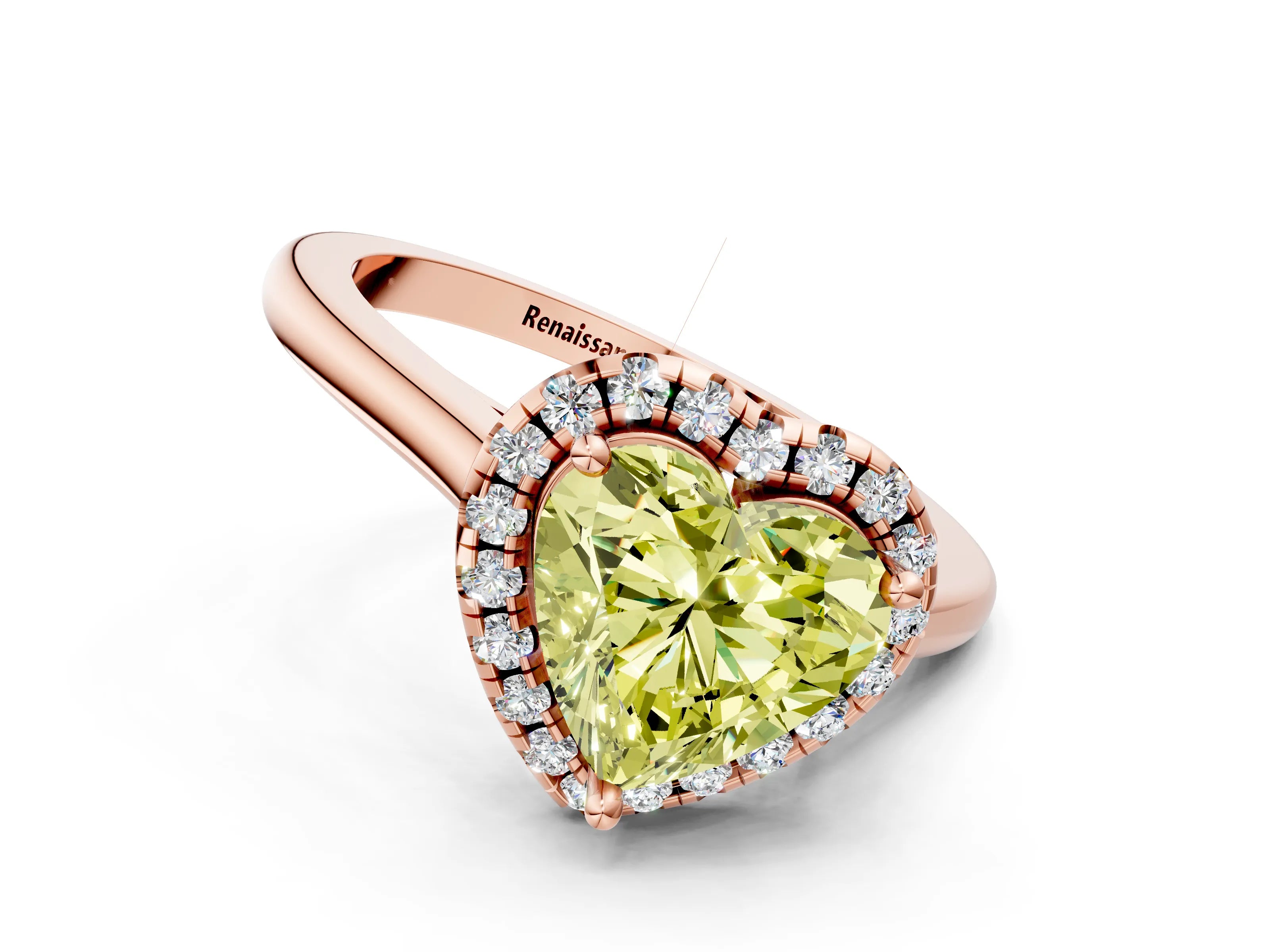 Rose gold Fancy Yellow Heart Cut Halo Round Diamond Solitaire Engagement Ring with Pave Band and Four-Prong Setting_12