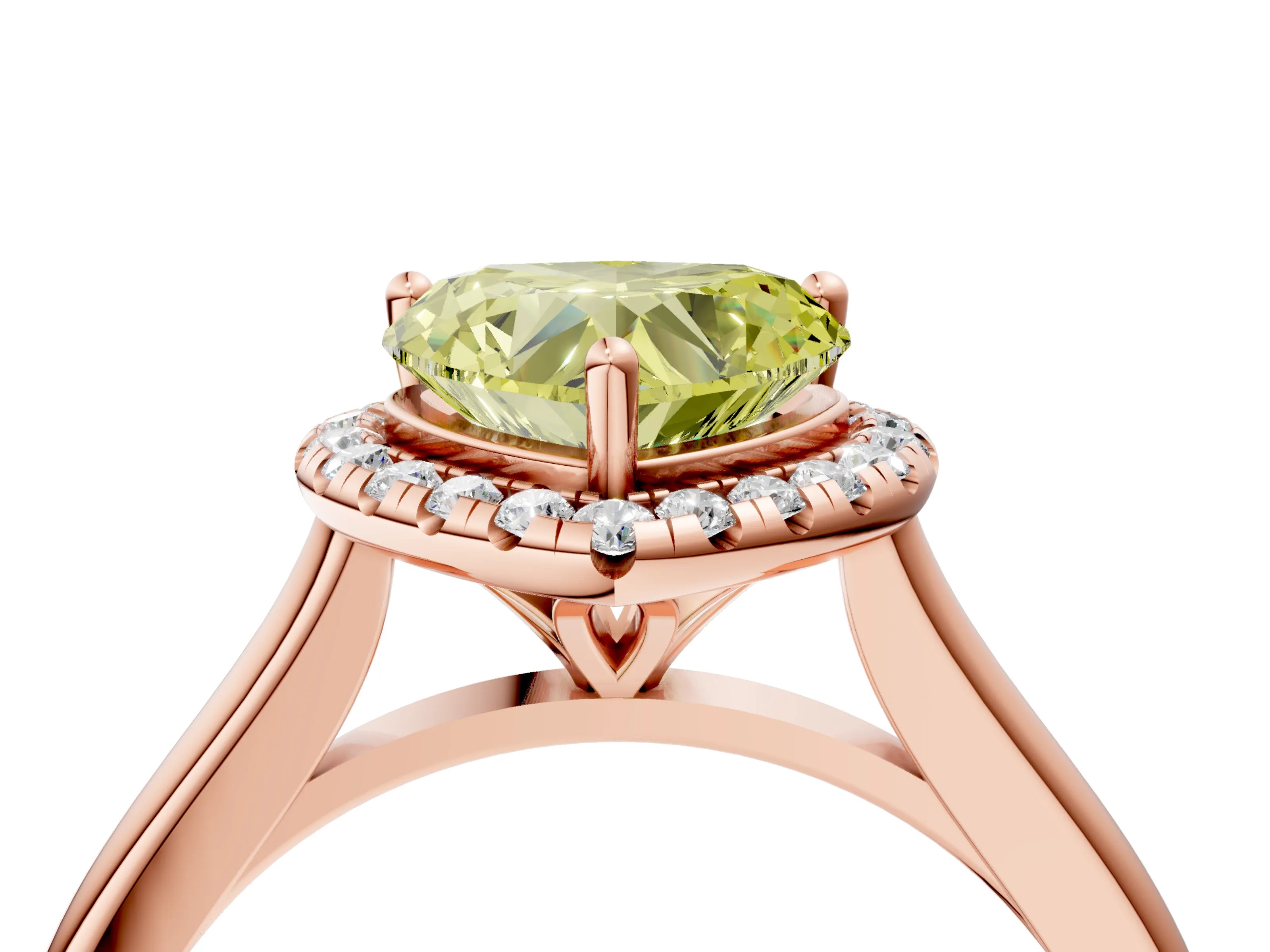 Rose gold Fancy Yellow Heart Cut Halo Round Diamond Solitaire Engagement Ring with Pave Band and Four-Prong Setting_16