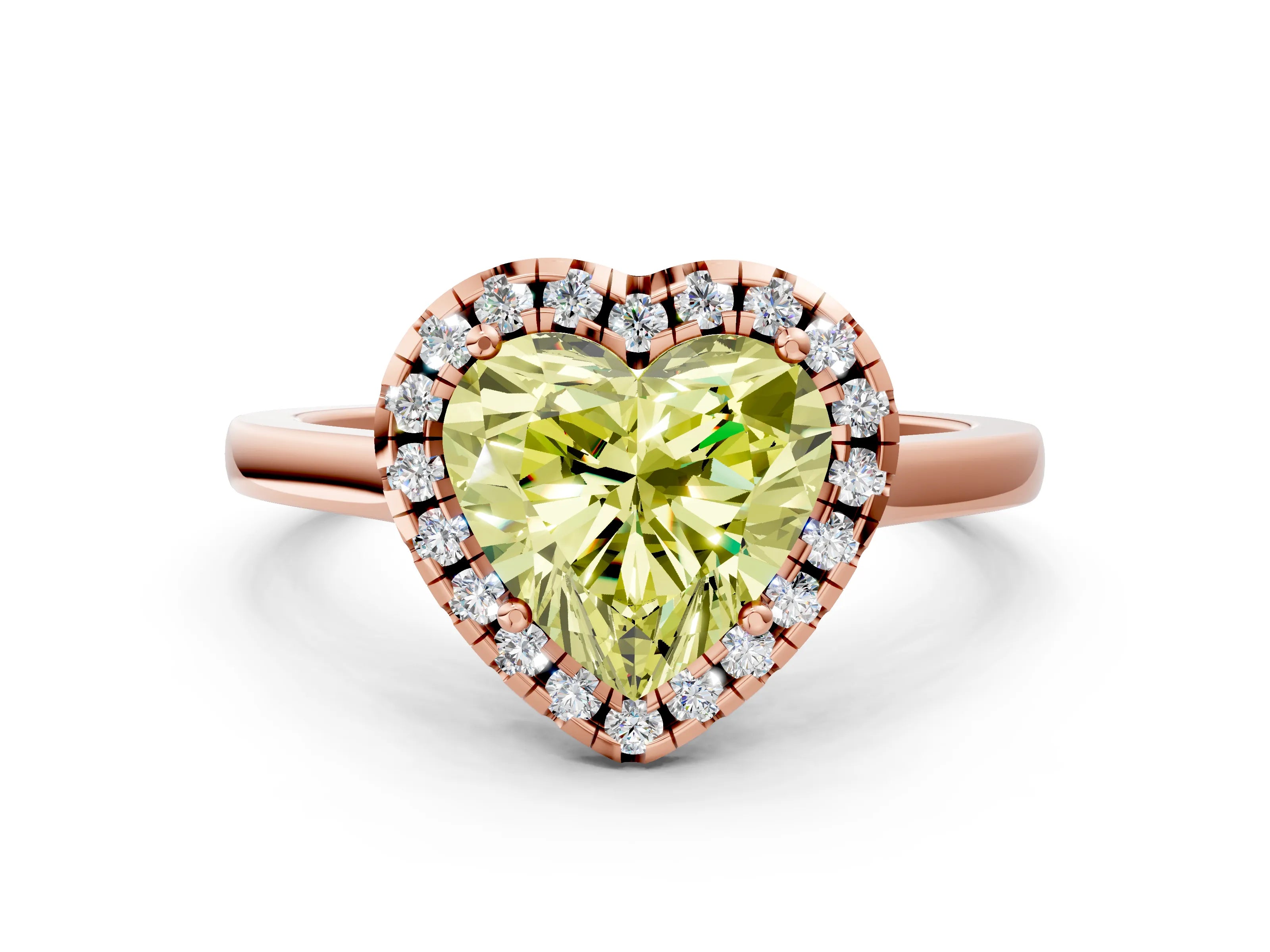 Rose gold Fancy Yellow Heart Cut Halo Round Diamond Solitaire Ring with Pavé Band and Four-Prong Setting_12
