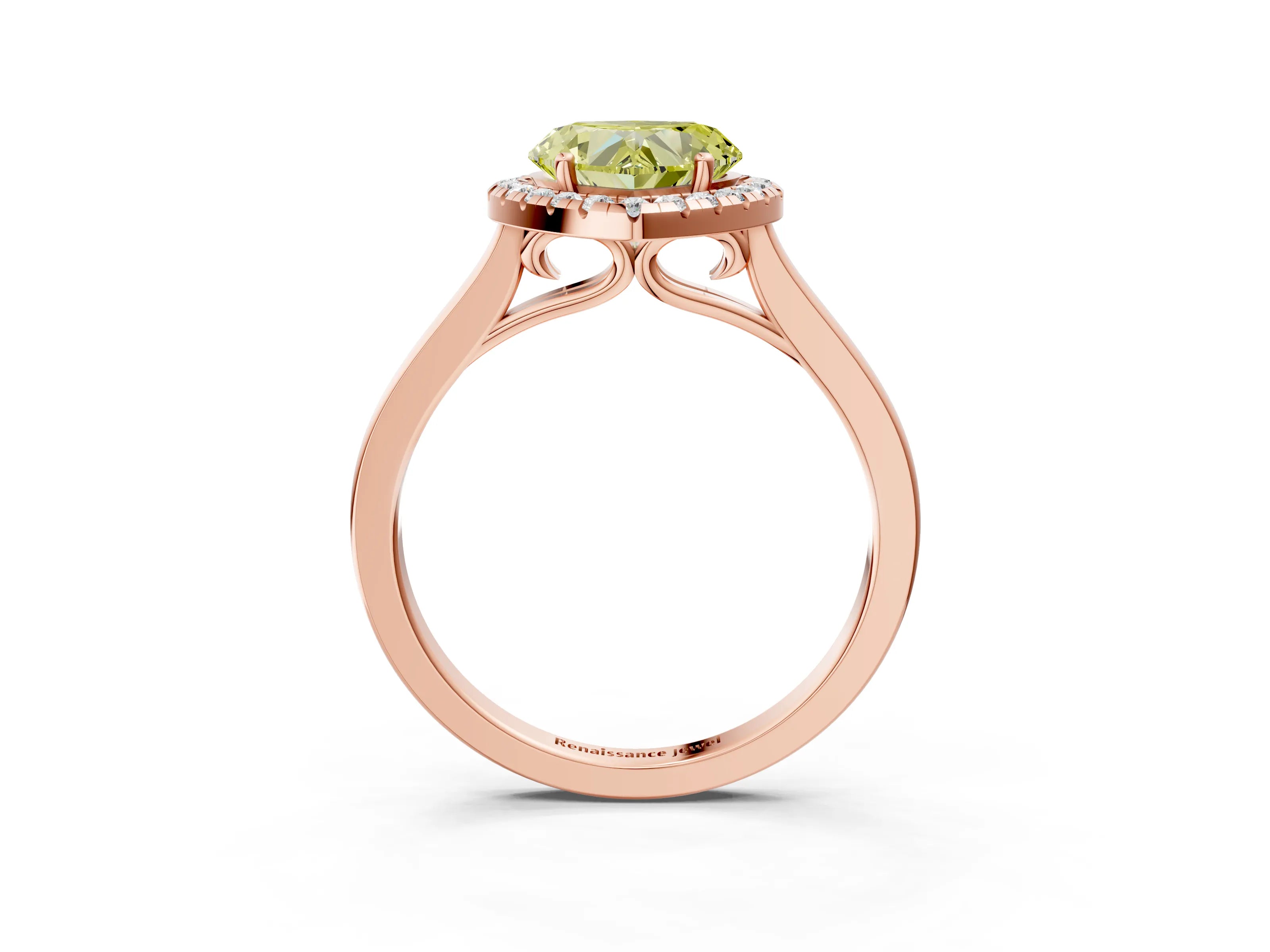 Rose gold Fancy Yellow Heart Cut Halo Round Diamond Solitaire Ring with Pavé Band and Four-Prong Setting_15
