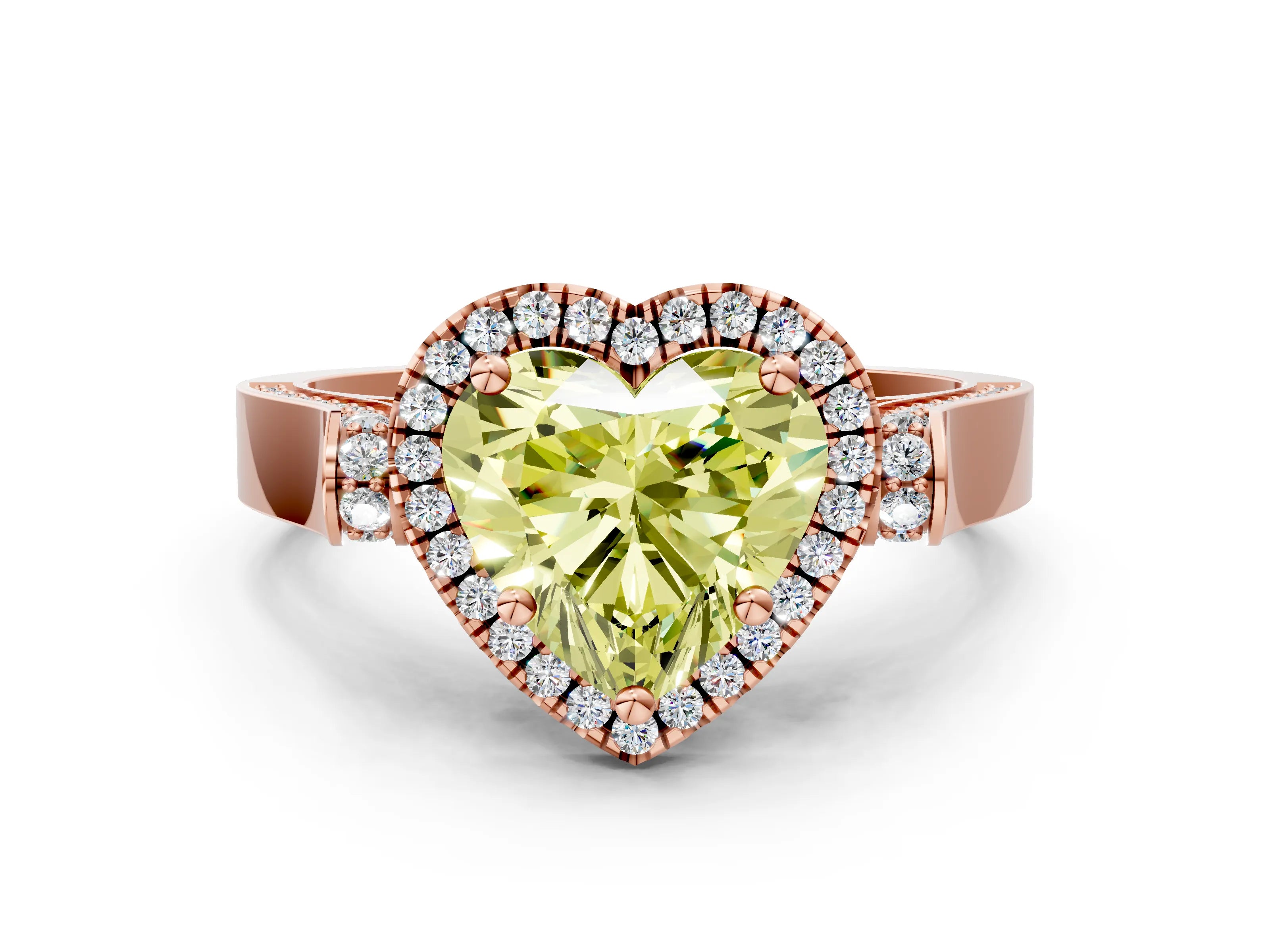 Rose gold Fancy Yellow Heart Cut Halo Round Diamond Twist Band with Four-Prong Setting