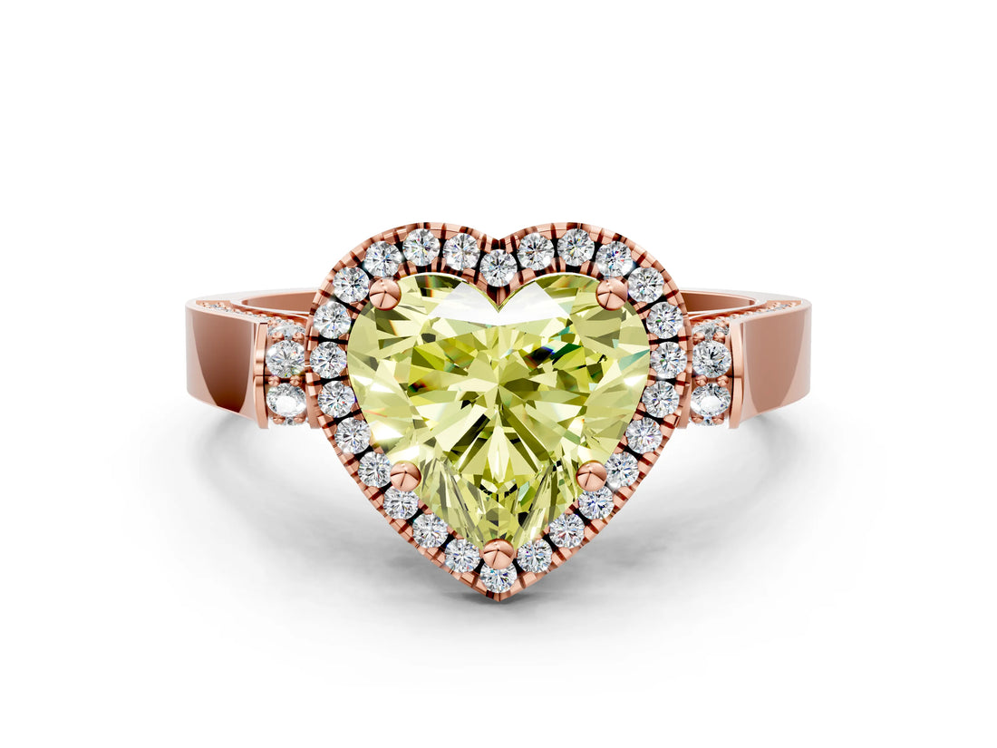 Rose gold Fancy Yellow Heart Cut Halo Round Diamond Twist Band with Four-Prong Setting
