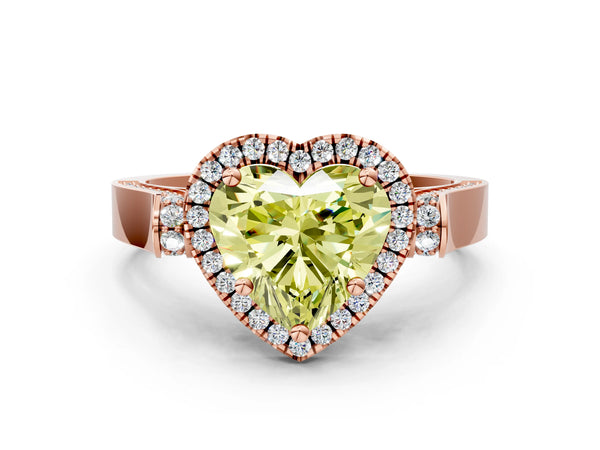 Rose gold Fancy Yellow Heart Cut Halo Round Diamond Twist Band with Four-Prong Setting