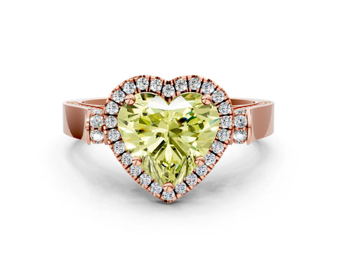 Rose gold Fancy Yellow Heart Cut Halo Round Diamond Twist Band with Four-Prong Setting