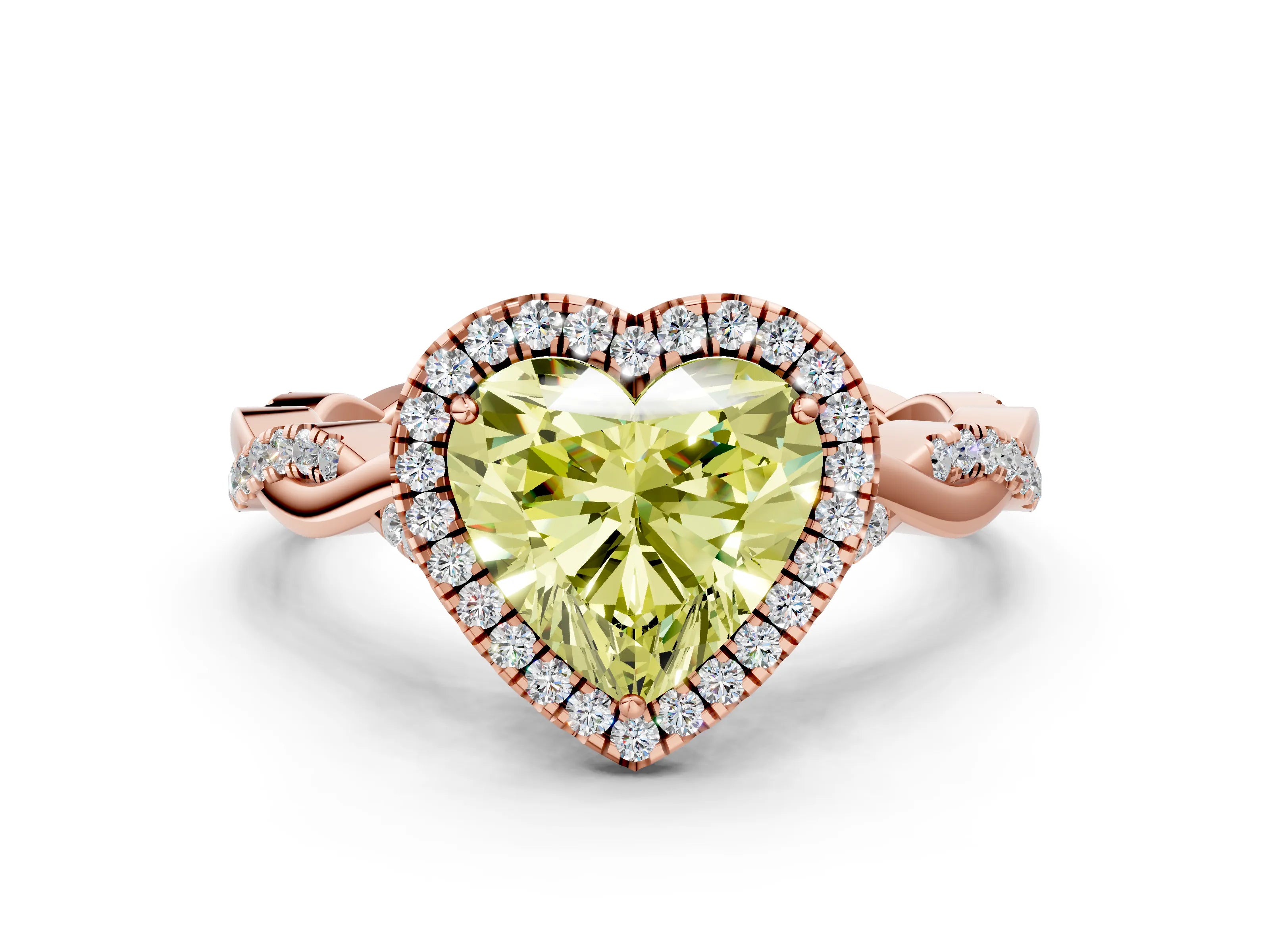 Rose gold Fancy Yellow Heart Cut Halo Twist Band with Four-Prong Setting