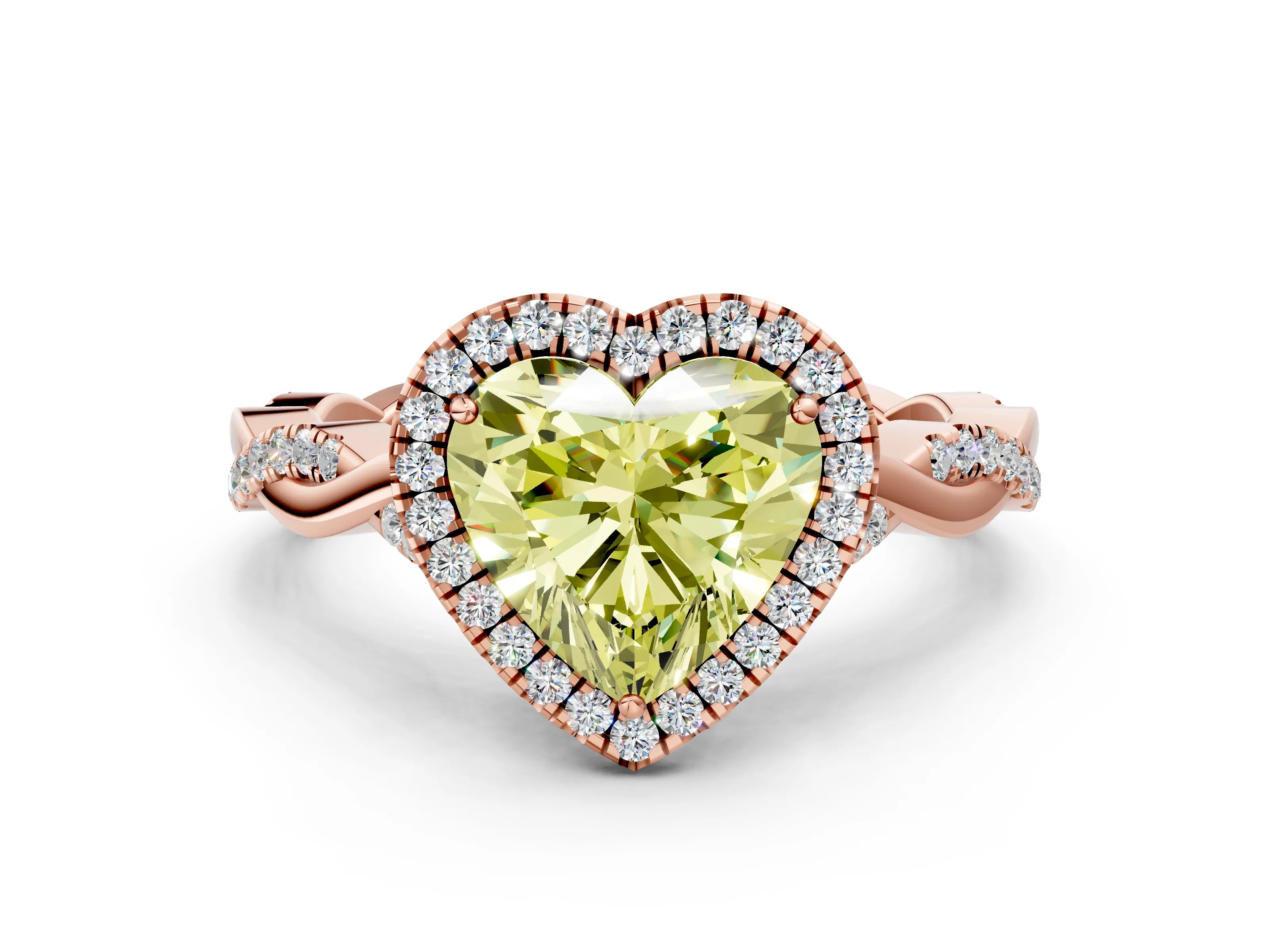 Rose gold Fancy Yellow Heart Cut Halo Twist Band with Four-Prong Setting_12