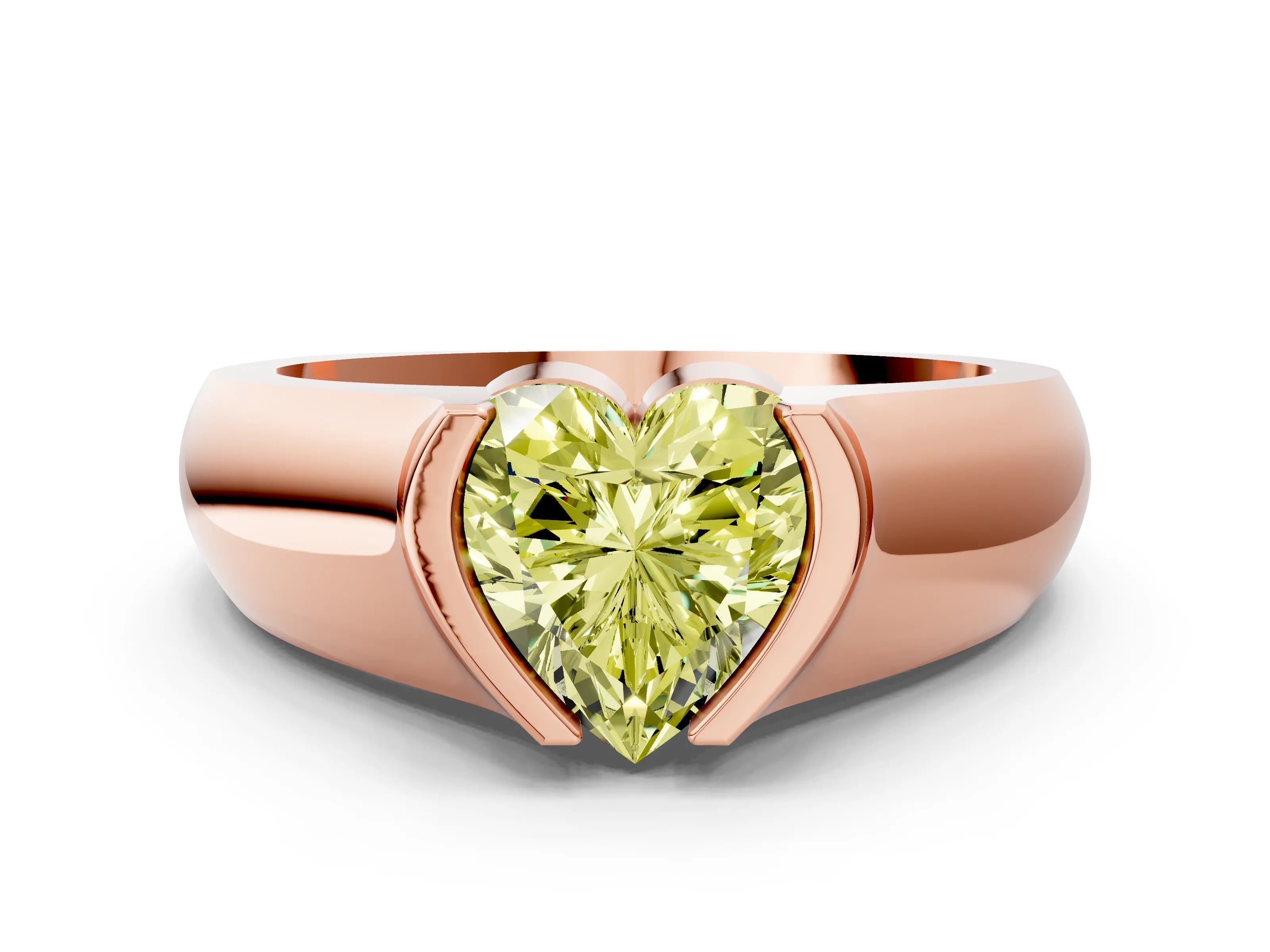 Rose gold Fancy Yellow Heart Cut Solitaire Bezel Set Diamond Ring with Wide Band