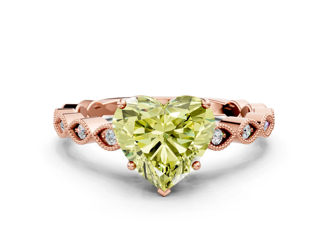 Rose gold Fancy Yellow Heart Cut Solitaire Diamond Ring with Infinity Twist Band and Four-Prong Setting