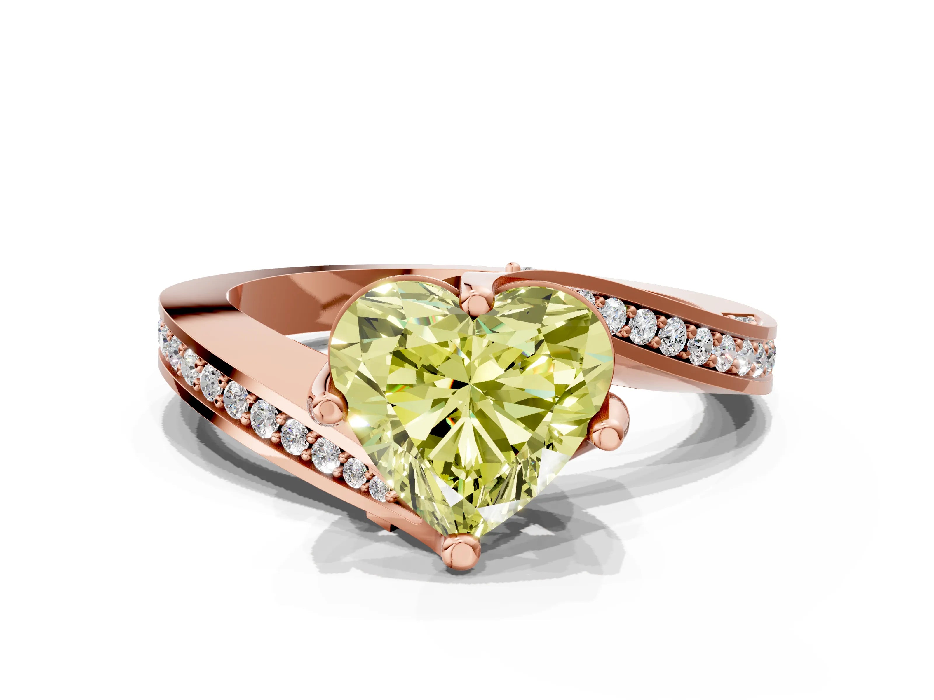 Rose gold Fancy Yellow Heart Cut Solitaire Diamond Twist Band with Pavé Setting and Four-Prong Setting