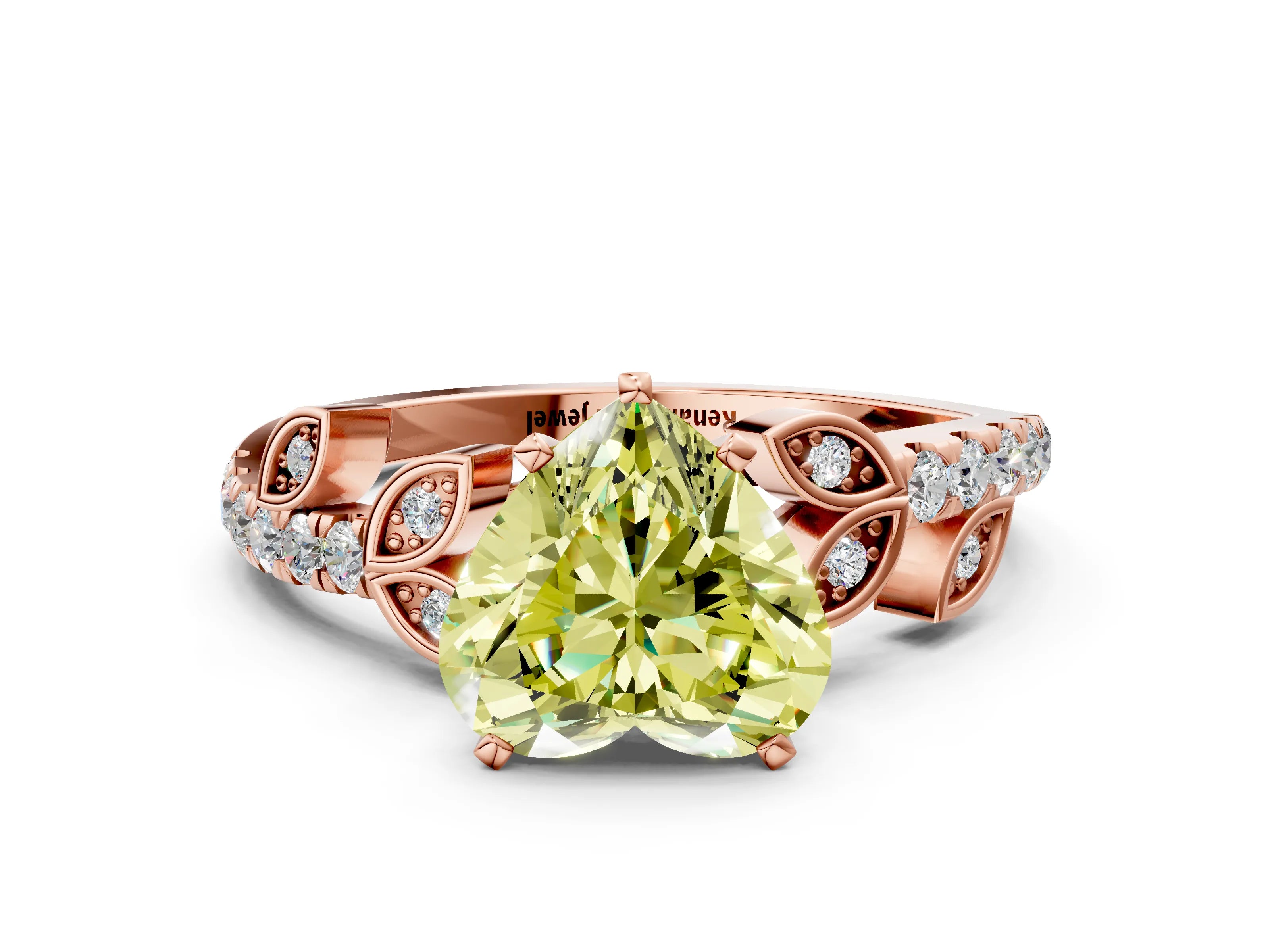 Rose gold Fancy Yellow Heart Cut Solitaire Leaf-Inspired Diamond Ring with Pavé Band and Four-Prong Setting