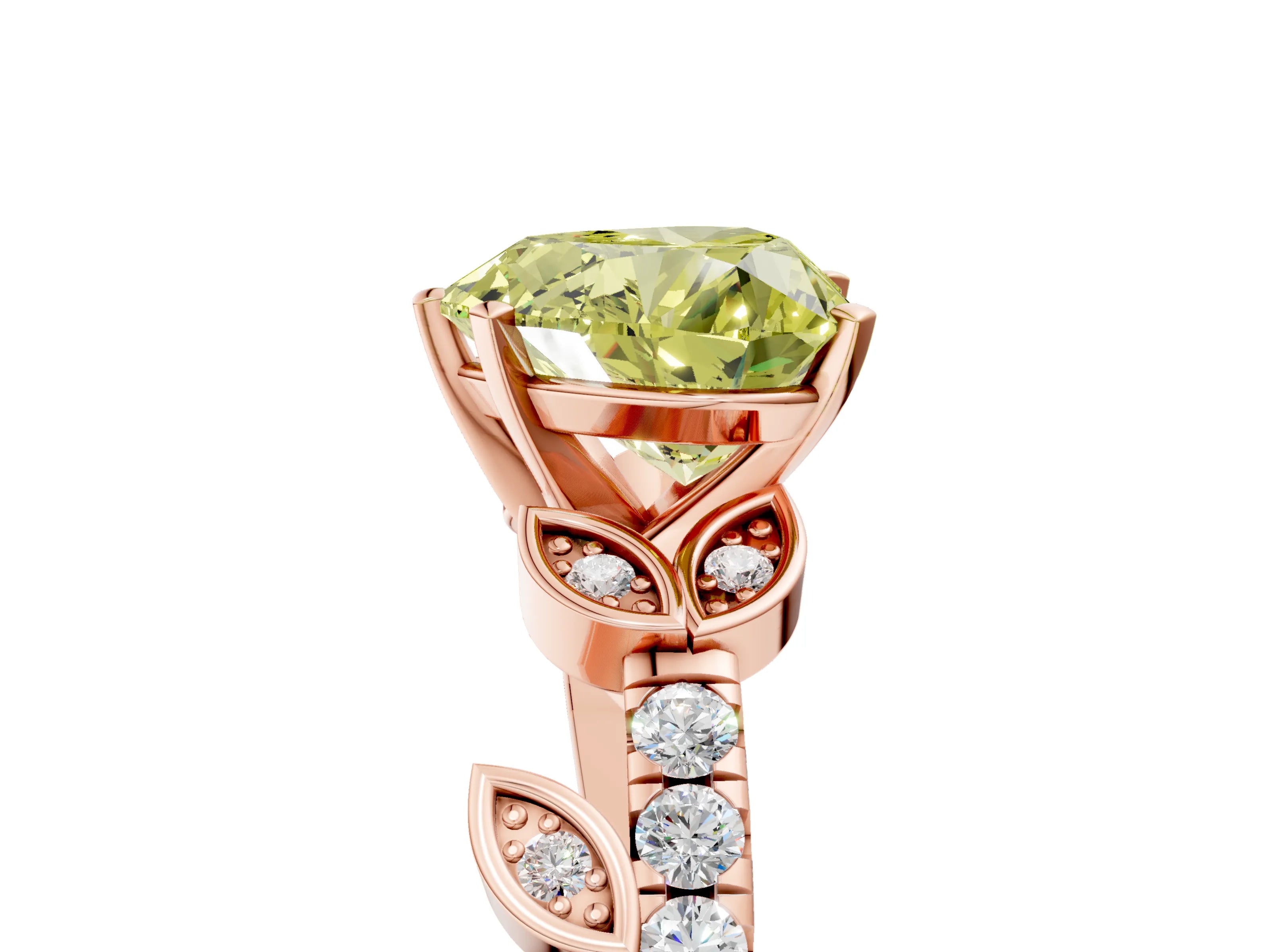 Rose gold Fancy Yellow Heart Cut Solitaire Leaf-Inspired Diamond Ring with Pavé Band and Four-Prong Setting_5