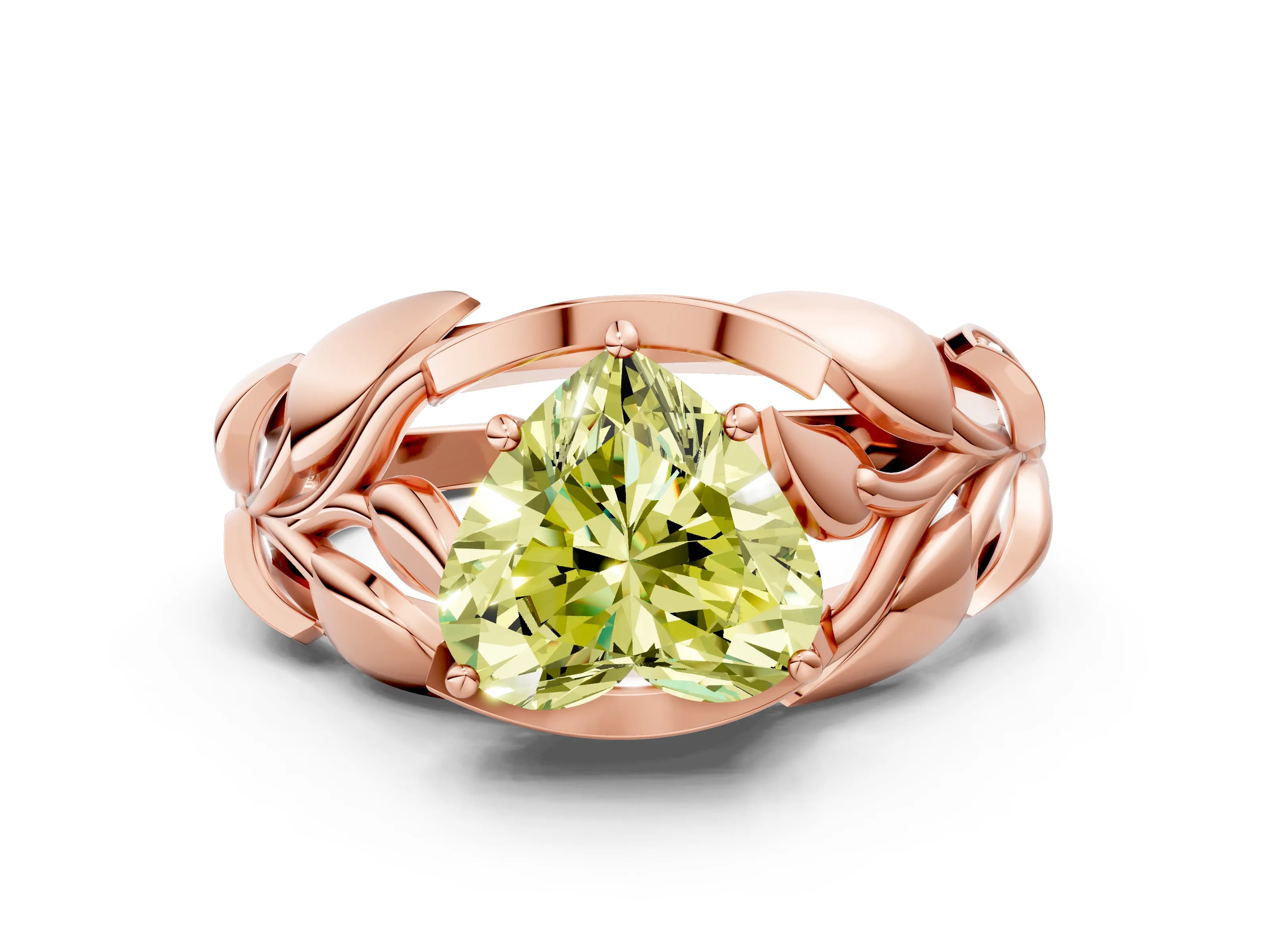 Rose gold Fancy Yellow Heart Cut Solitaire Leaf-Inspired Engagement Ring with Prong Setting