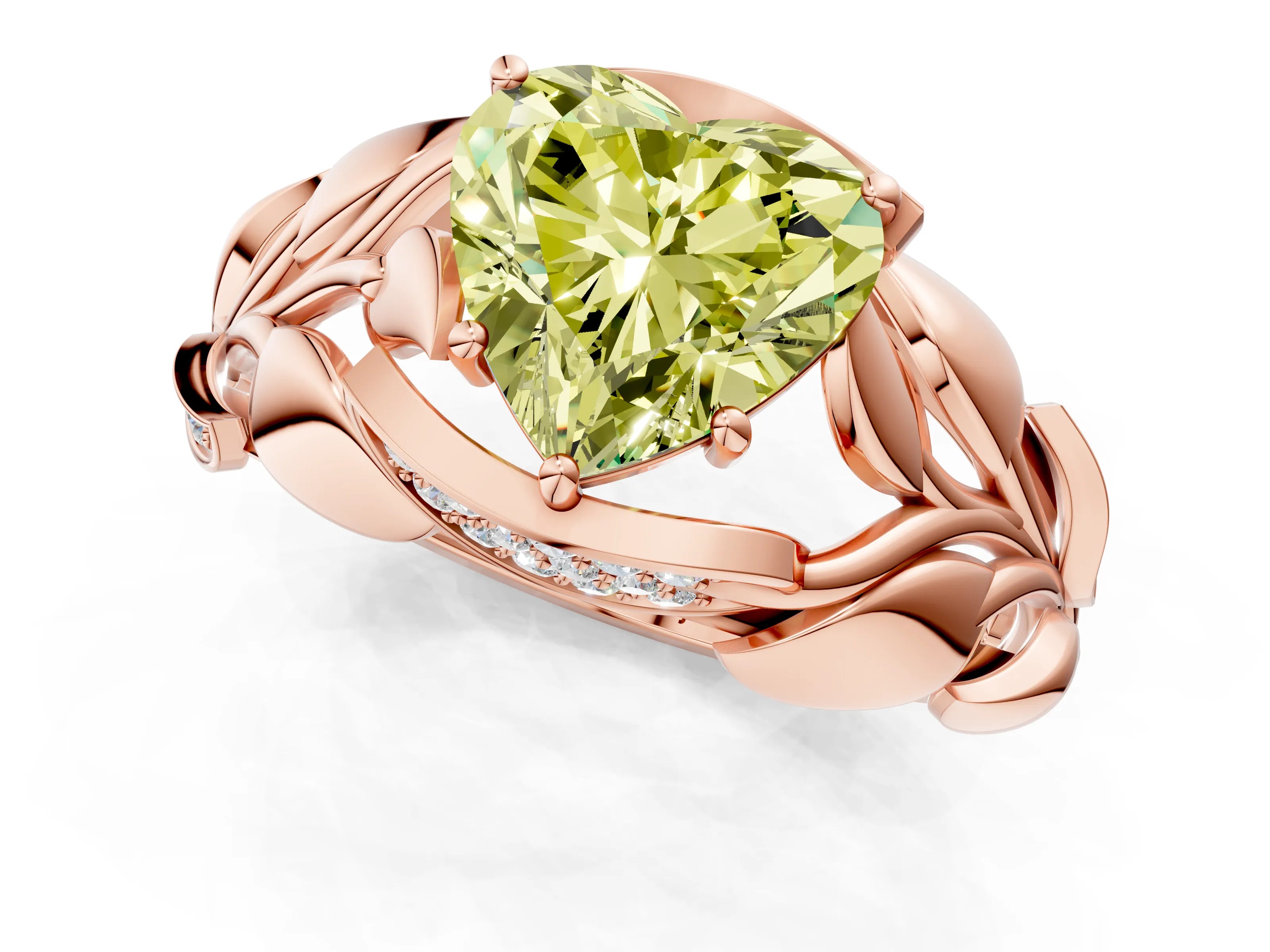 Rose gold Fancy Yellow Heart Cut Solitaire Leaf-Inspired Engagement Ring with Prong Setting_1