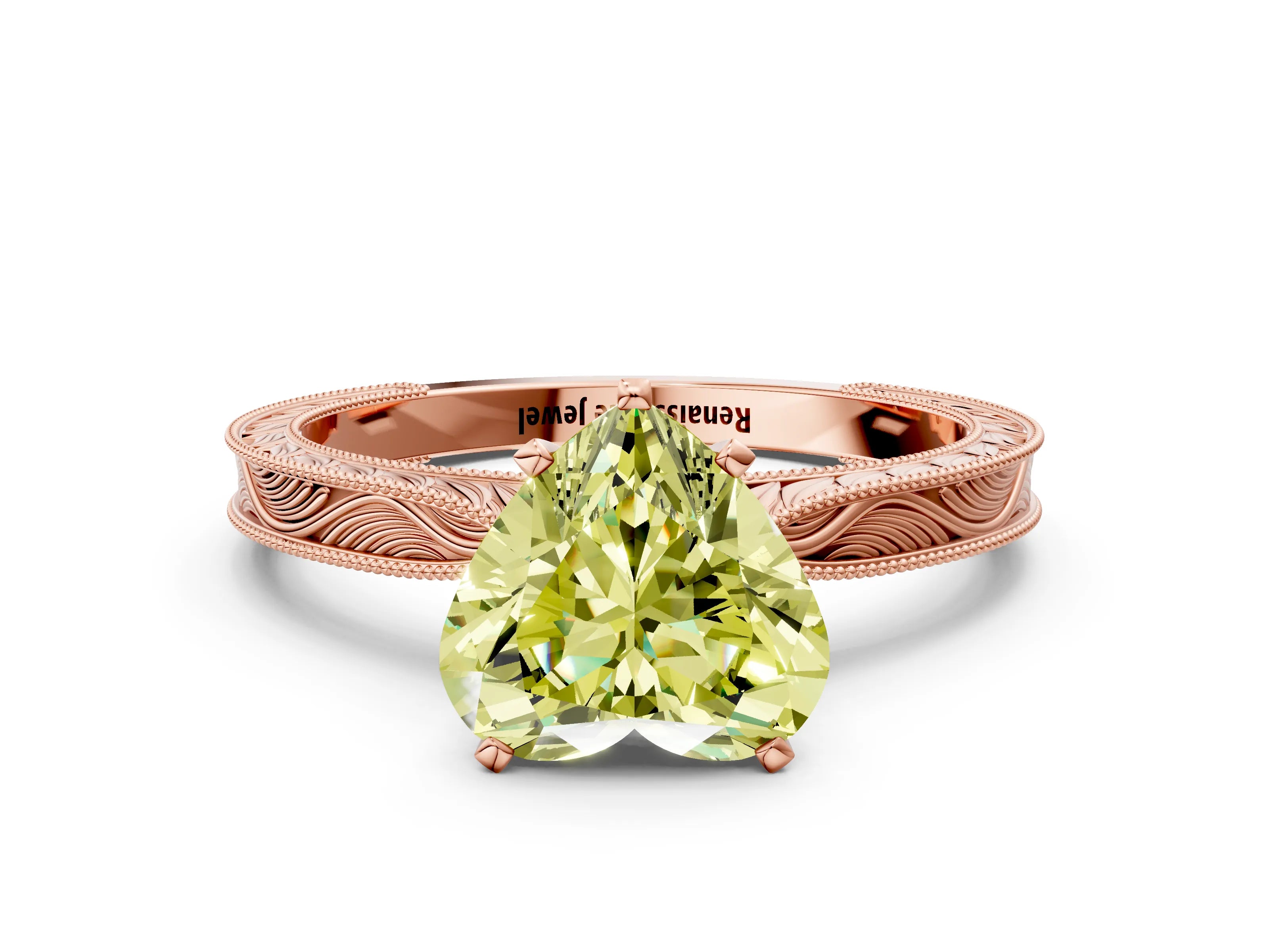 Rose gold Fancy Yellow Heart Cut Solitaire Milgrain Engraved Band with Four-Prong Setting