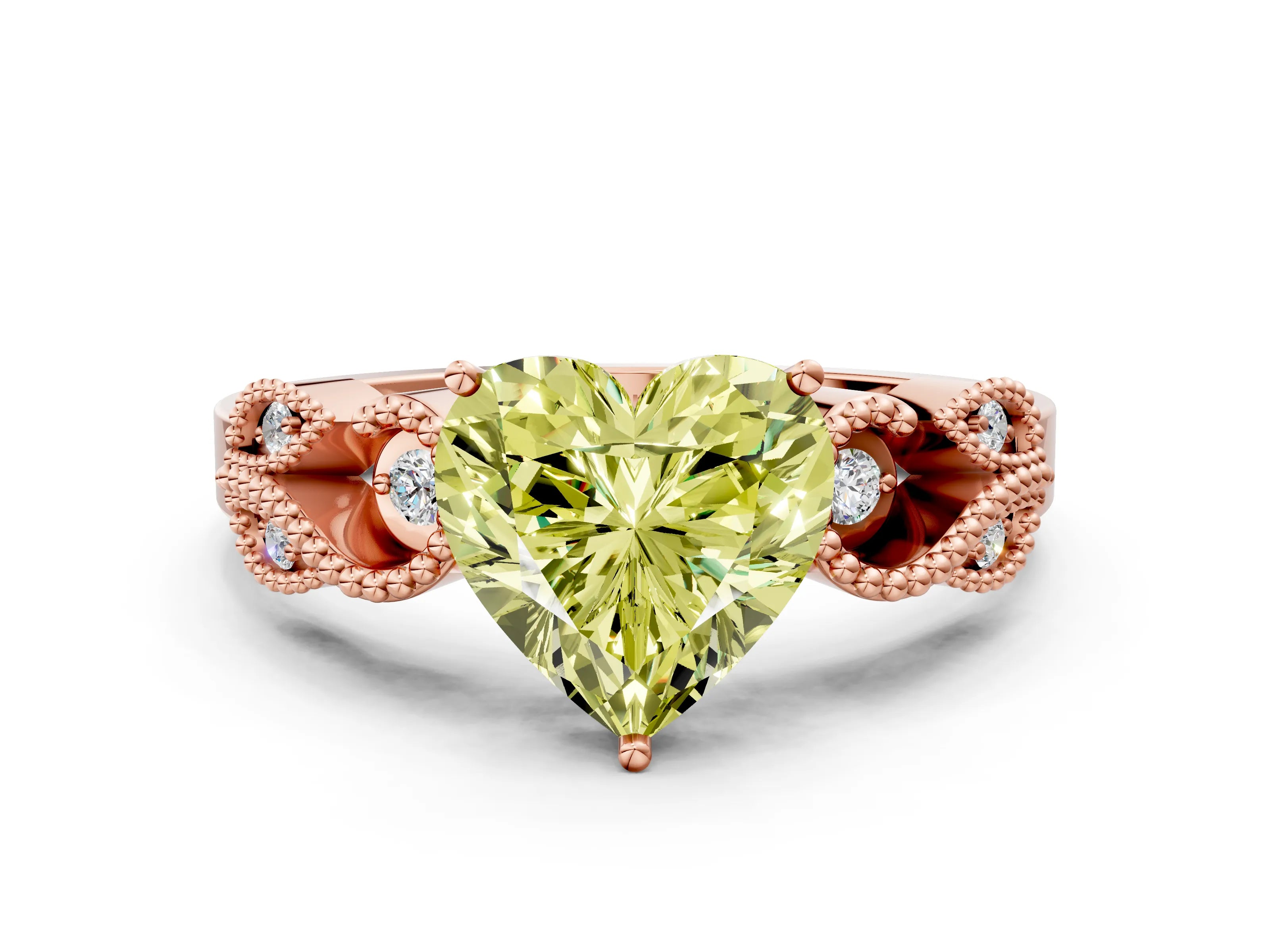 Rose gold Fancy Yellow Heart Cut Solitaire Milgrain Leaf Band with Prong Setting