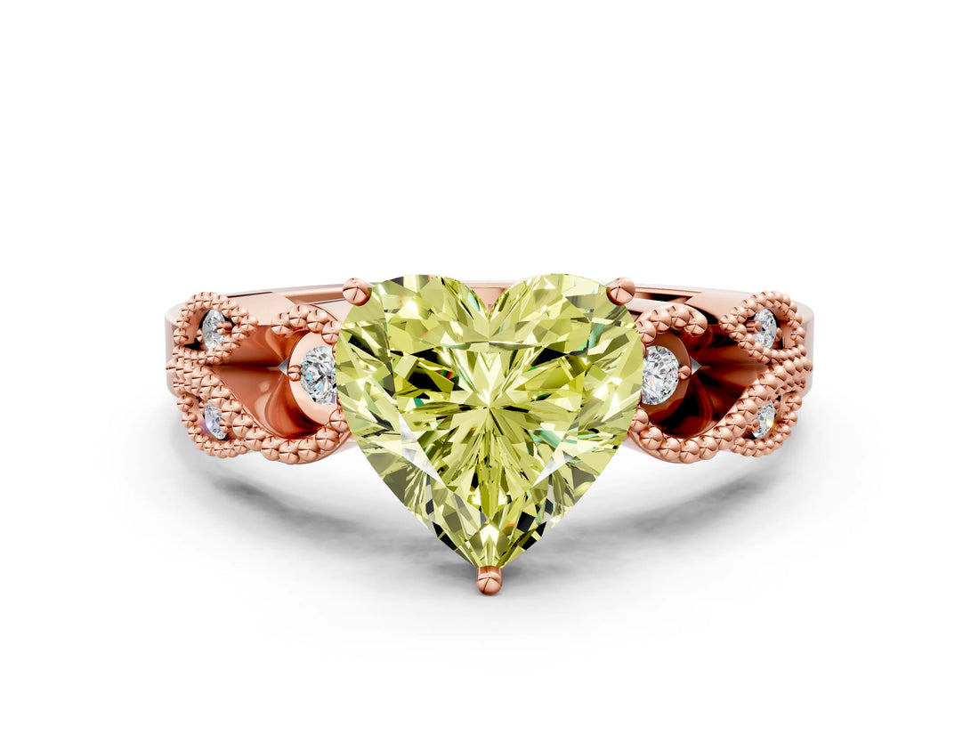 Rose gold Fancy Yellow Heart Cut Solitaire Milgrain Leaf Band with Prong Setting