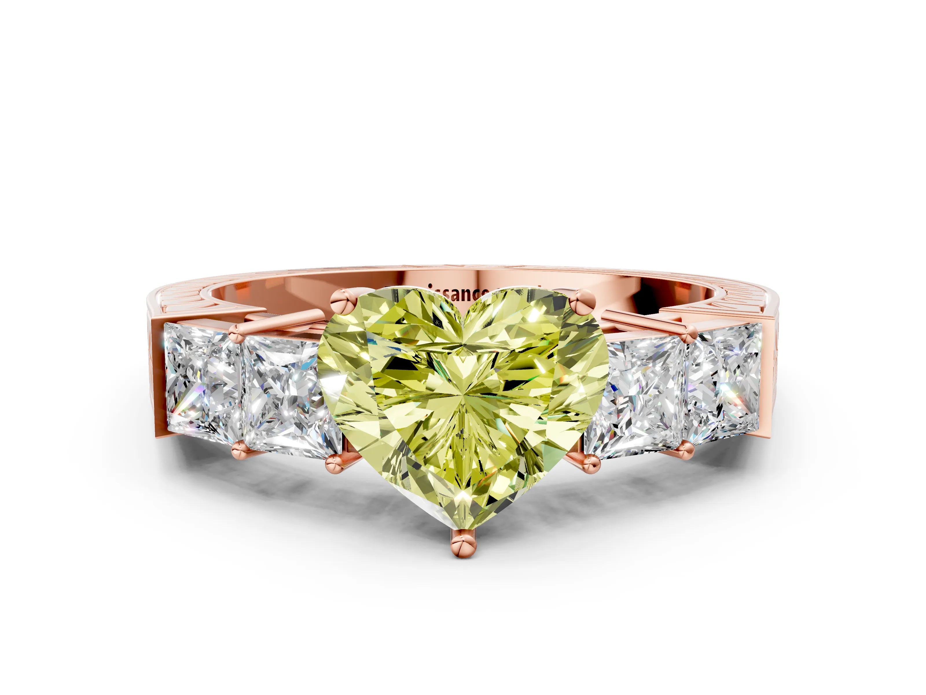 Rose gold Fancy Yellow Heart Cut Solitaire Princess Side Stone Engraved Band Prong Setting Ring