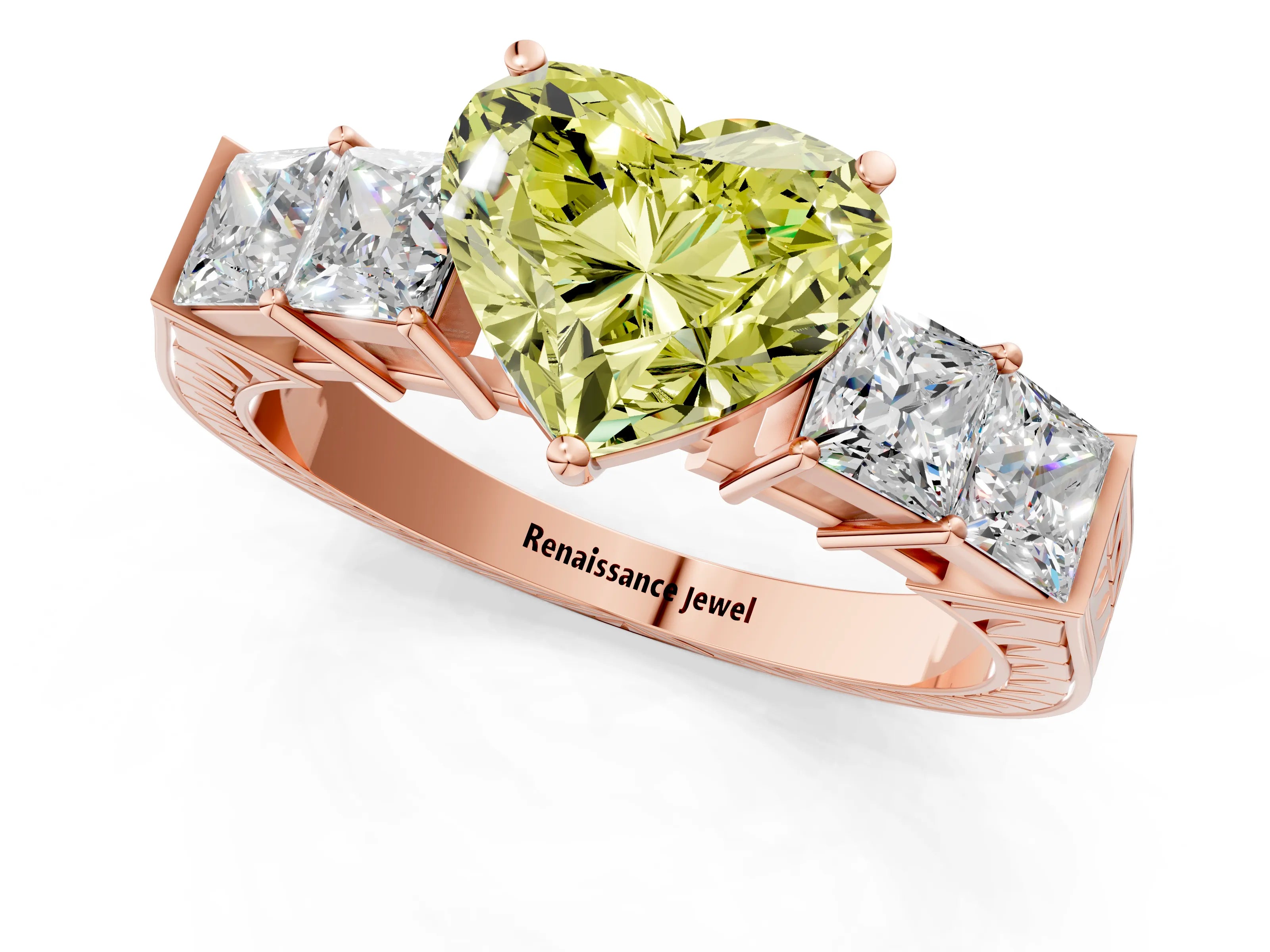 Rose gold Fancy Yellow Heart Cut Solitaire Princess Side Stone Engraved Band Prong Setting Ring_1