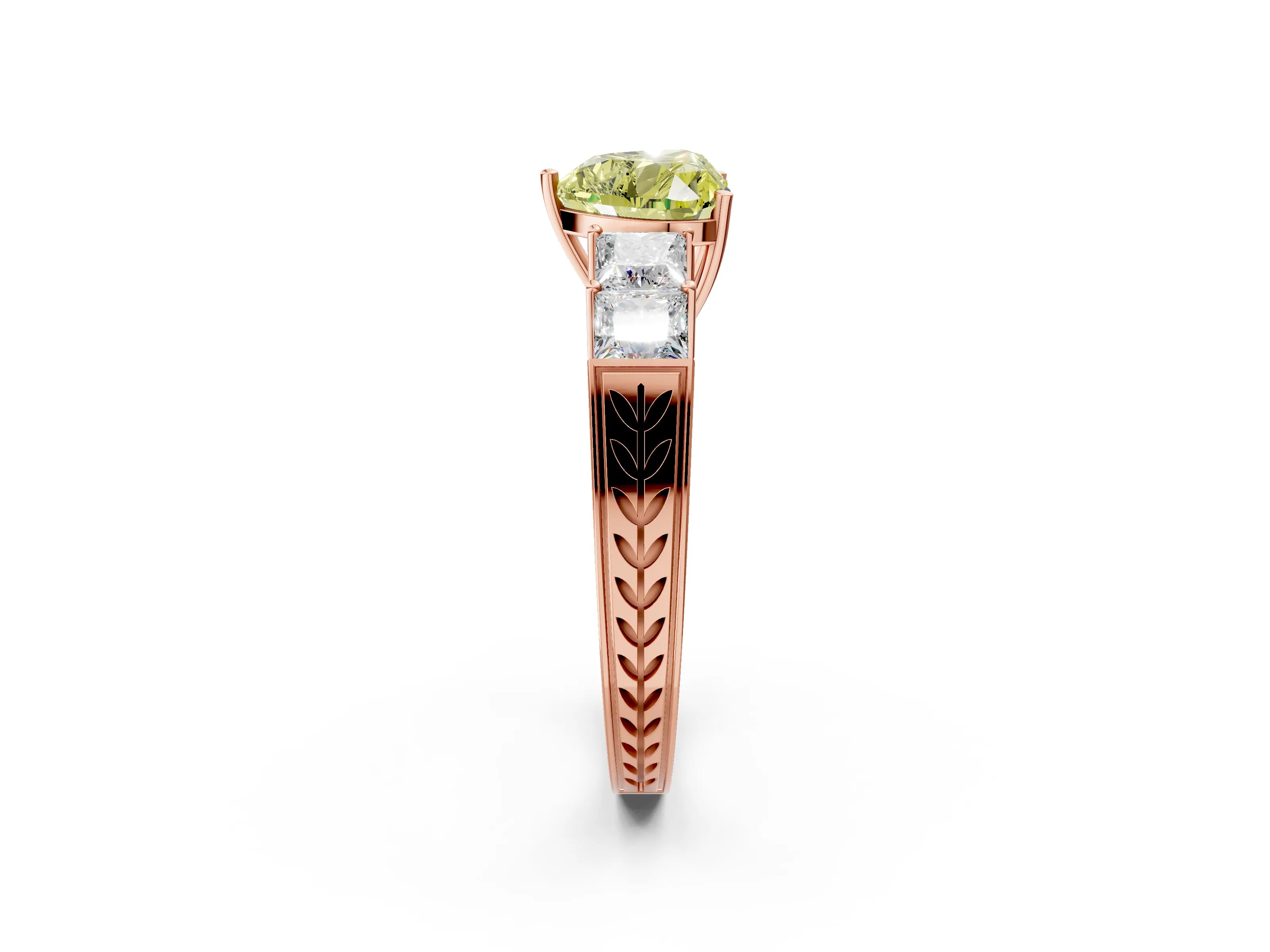 Rose gold Fancy Yellow Heart Cut Solitaire Princess Side Stone Engraved Band Prong Setting Ring_2