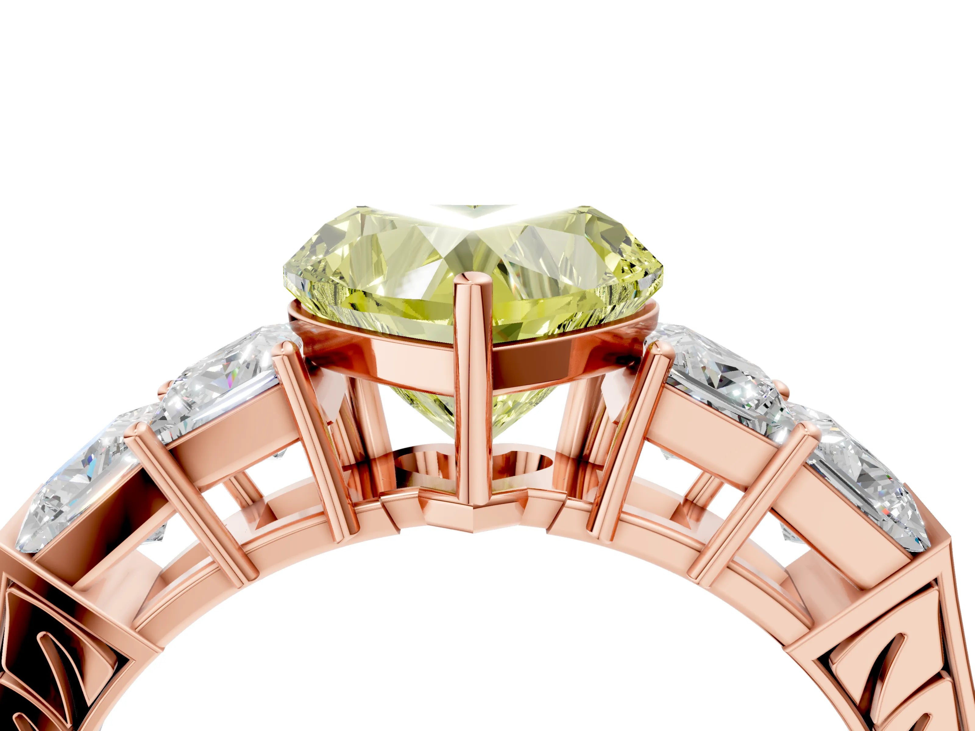 Rose gold Fancy Yellow Heart Cut Solitaire Princess Side Stone Engraved Band Prong Setting Ring_4