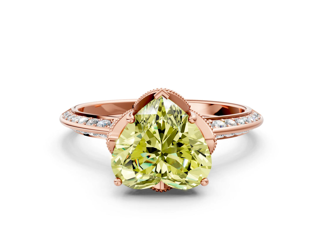 Rose gold Fancy Yellow Heart Cut Solitaire Split Shank Pave Diamond Engagement Ring with Four-Prong Setting