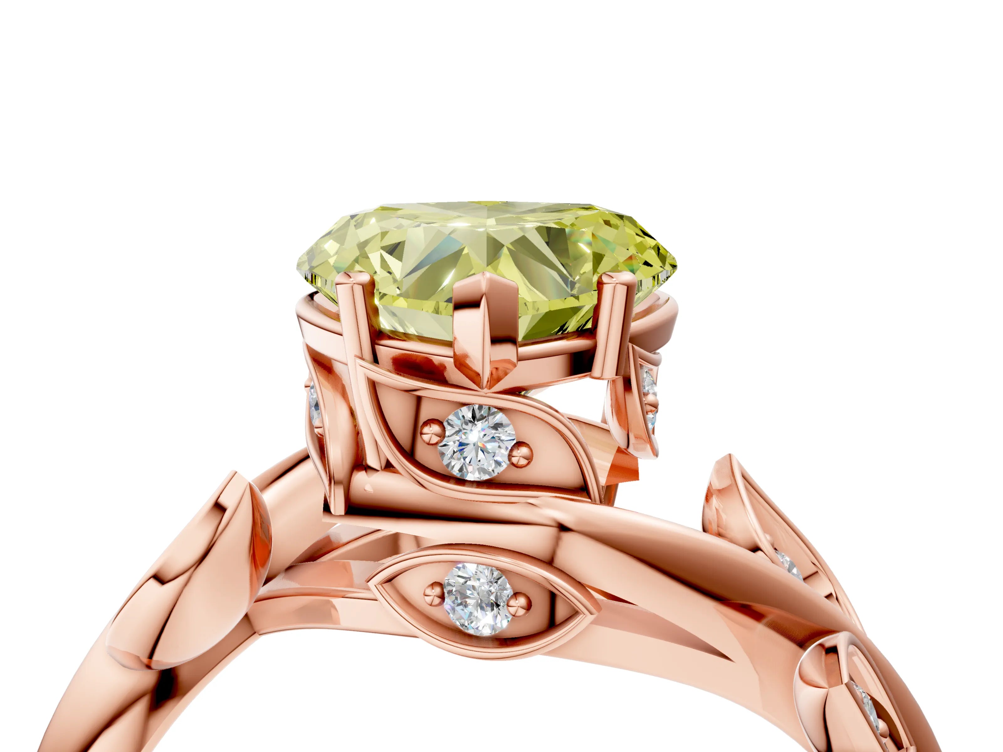 Rose gold Fancy Yellow Heart Cut Solitaire Twist Engagement Ring with Leaf Accents and Prong Setting_16
