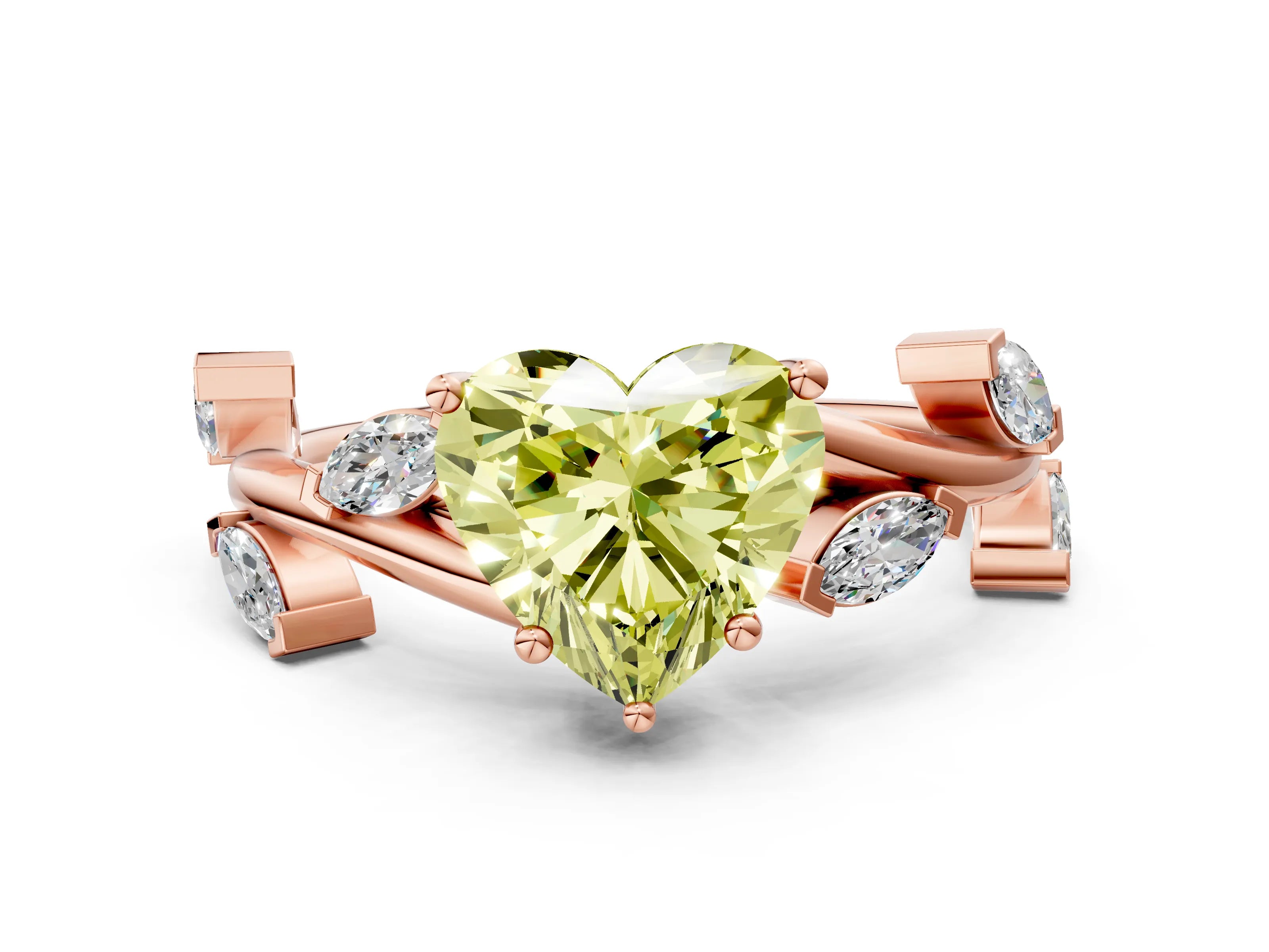 Rose gold Fancy Yellow Heart Cut Solitaire Twisted Band Marquise Accent Prong Setting Ring