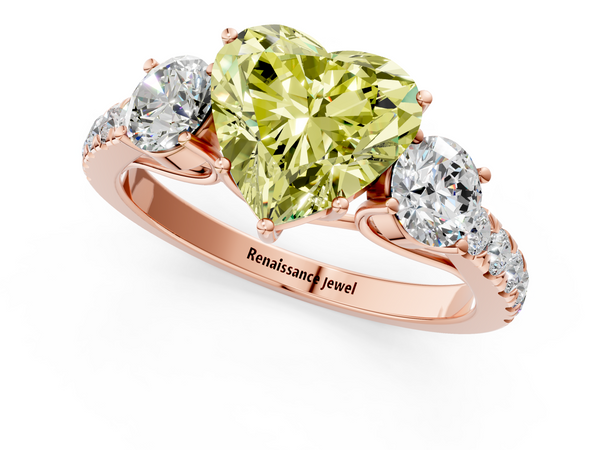 Rose gold Fancy Yellow Heart  Cut Diamond Three-Stone Ring with Round Side Stones and Pavé Band