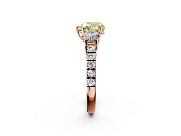 Rose gold Fancy Yellow Heart  Cut Diamond Three-Stone Ring with Round Side Stones and Pavé Band