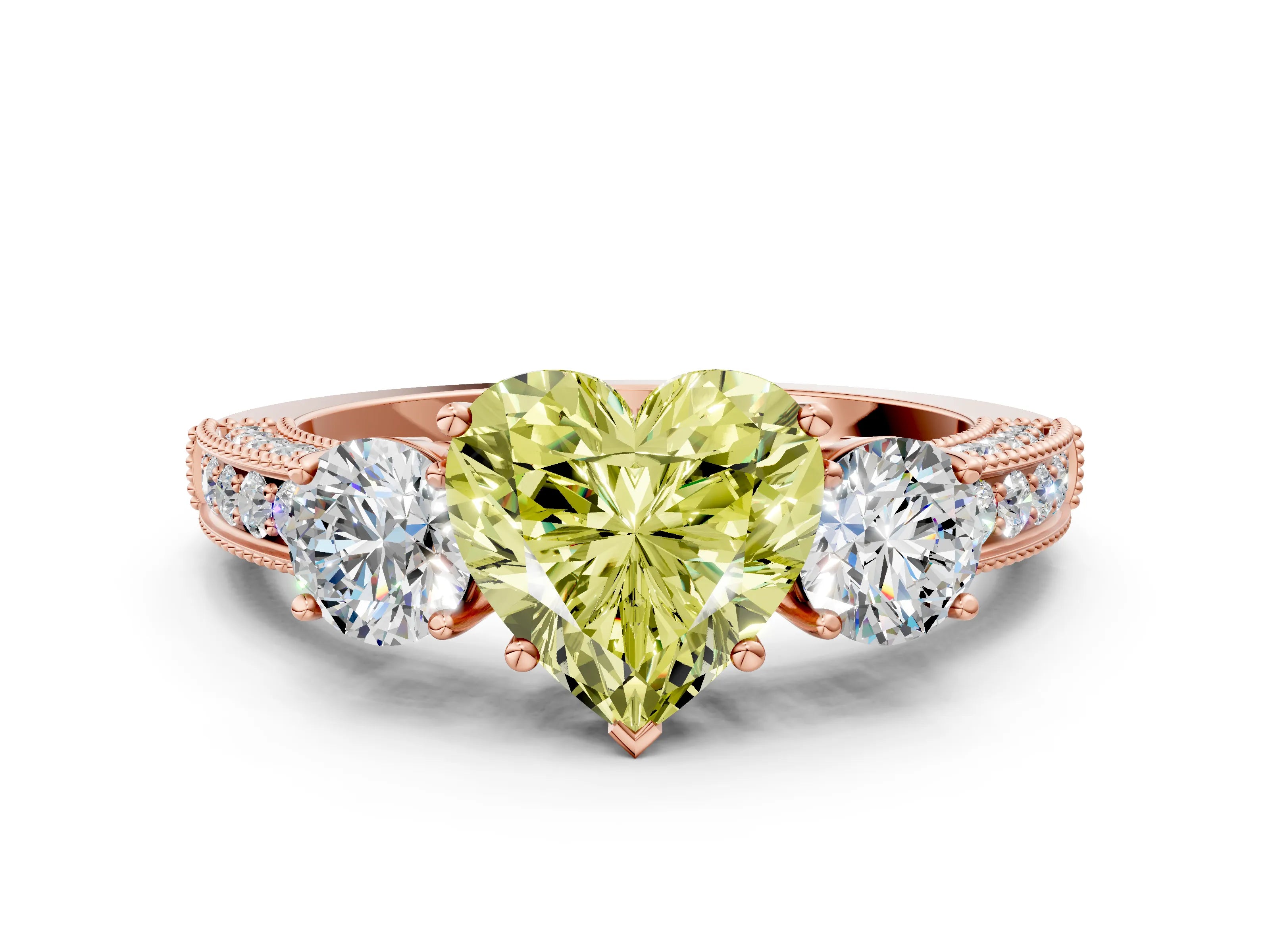 Rose gold Fancy Yellow Heart Cut Three-Stone Diamond Ring with Pavé Band and Four-Prong Setting