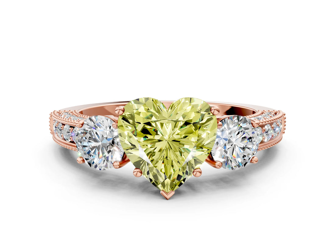 Rose gold Fancy Yellow Heart Cut Three-Stone Diamond Ring with Pavé Band and Four-Prong Setting
