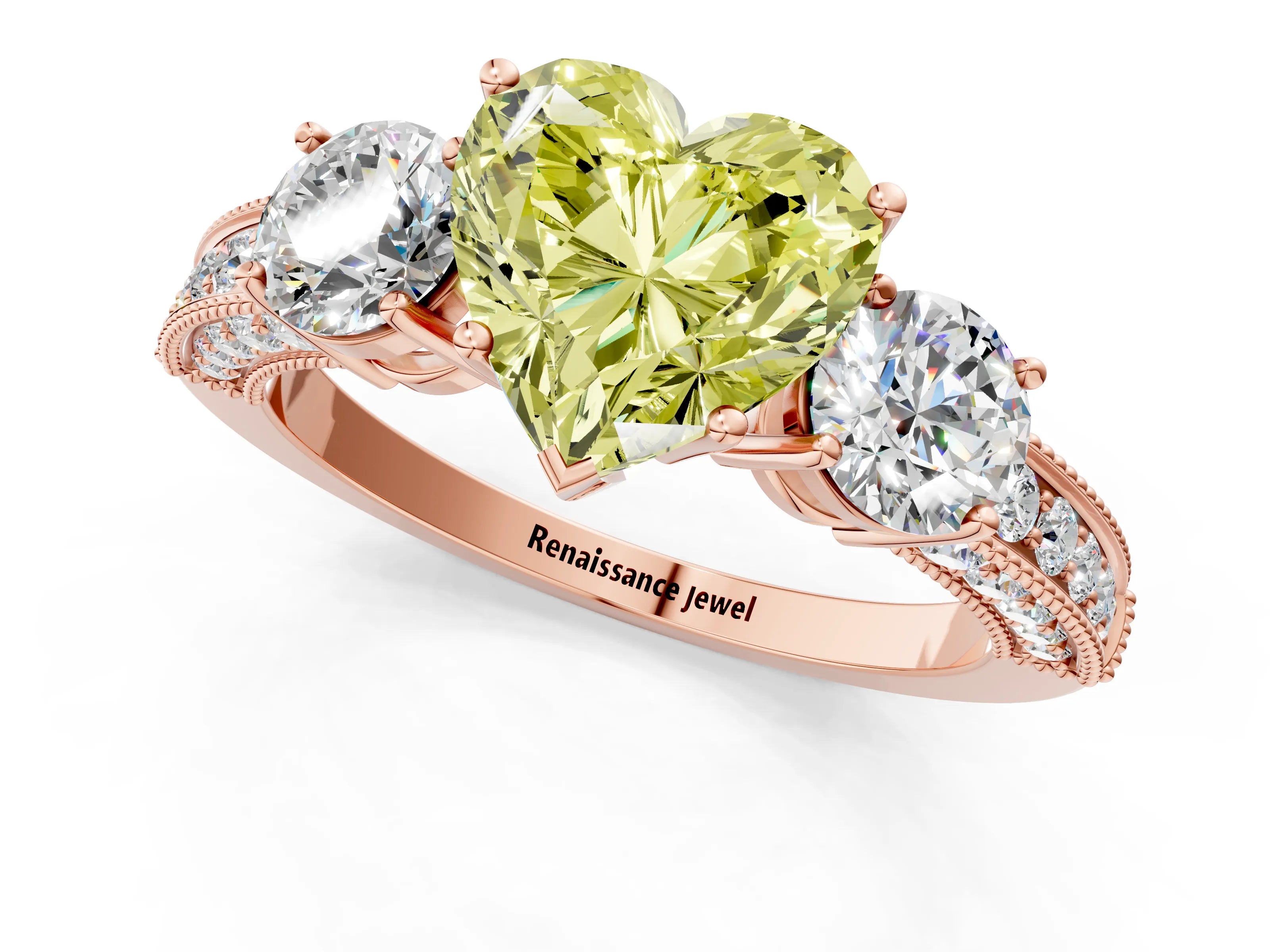 Rose gold Fancy Yellow Heart Cut Three-Stone Diamond Ring with Pavé Band and Four-Prong Setting_1