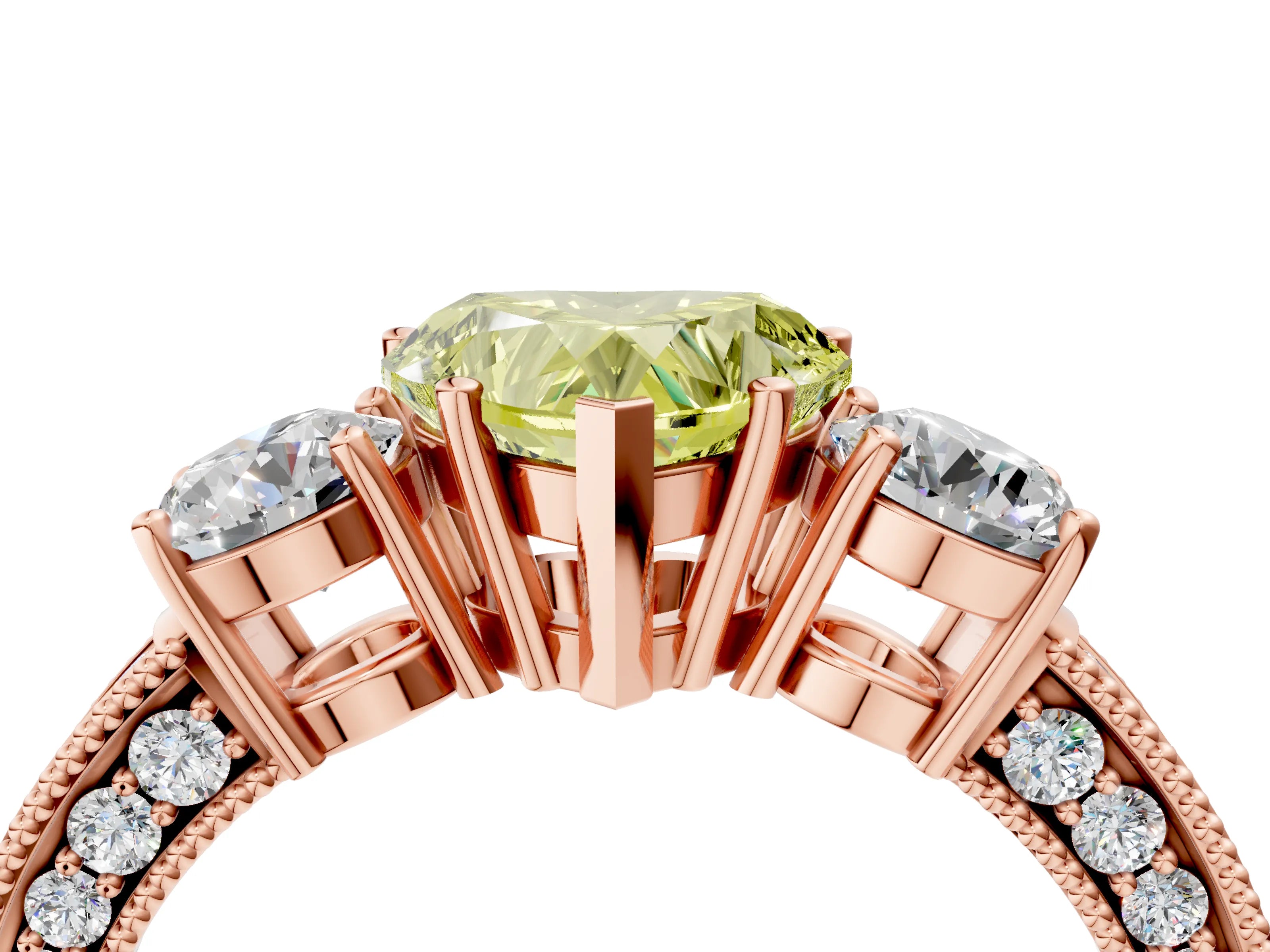 Rose gold Fancy Yellow Heart Cut Three-Stone Diamond Ring with Pavé Band and Four-Prong Setting_4
