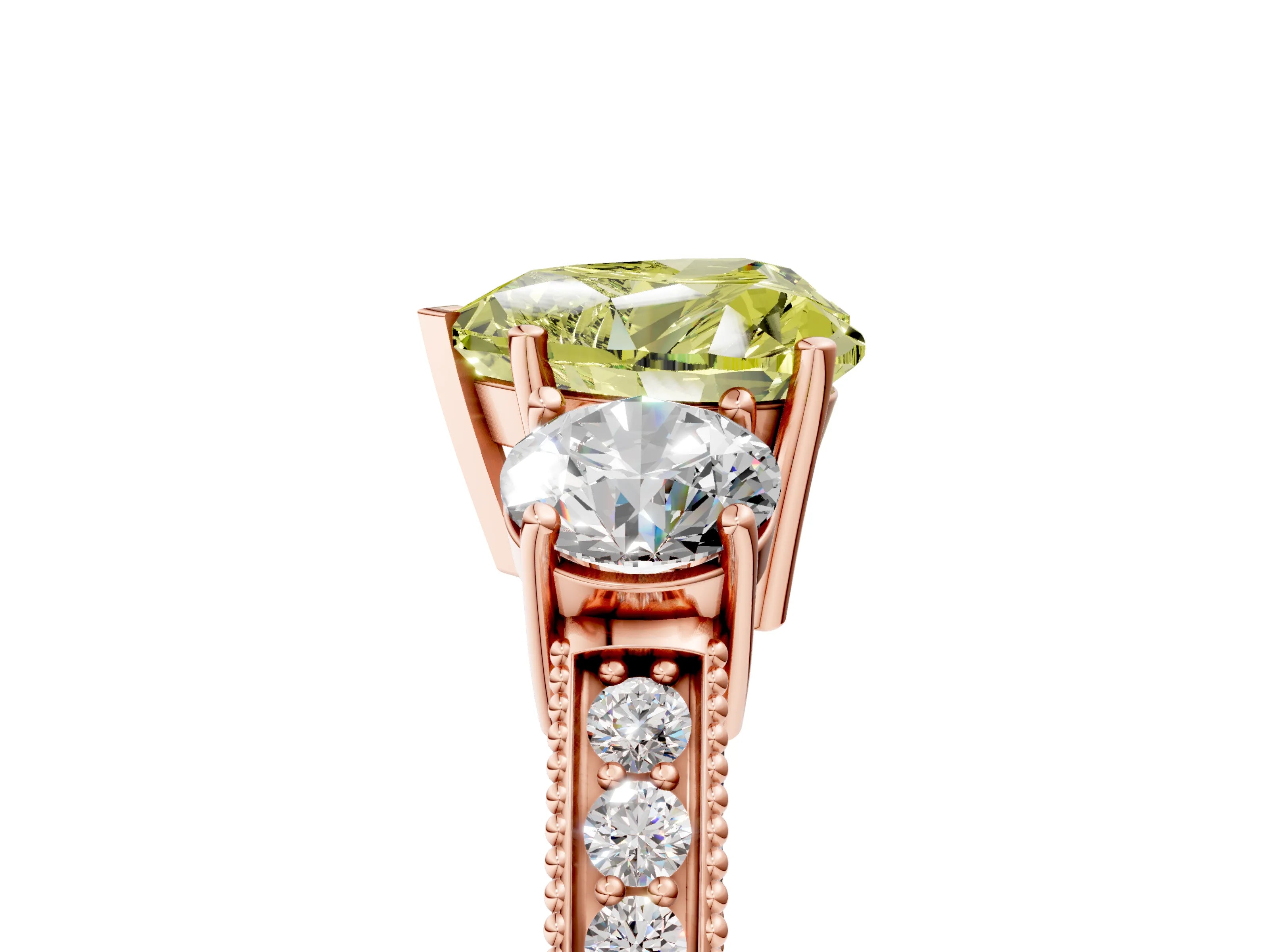 Rose gold Fancy Yellow Heart Cut Three-Stone Diamond Ring with Pavé Band and Four-Prong Setting_5